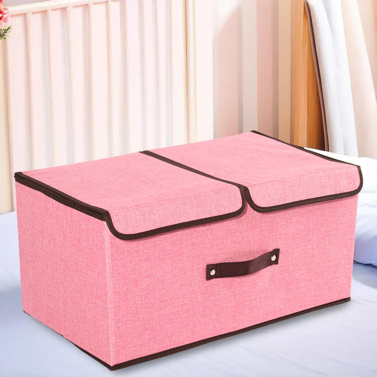 Kuber Industries Foldable Storage Box | Double Lid Storage Box with Handle | Stackable Storage Box For Clothes-Toys-Books | YJA008-PNK | Pink