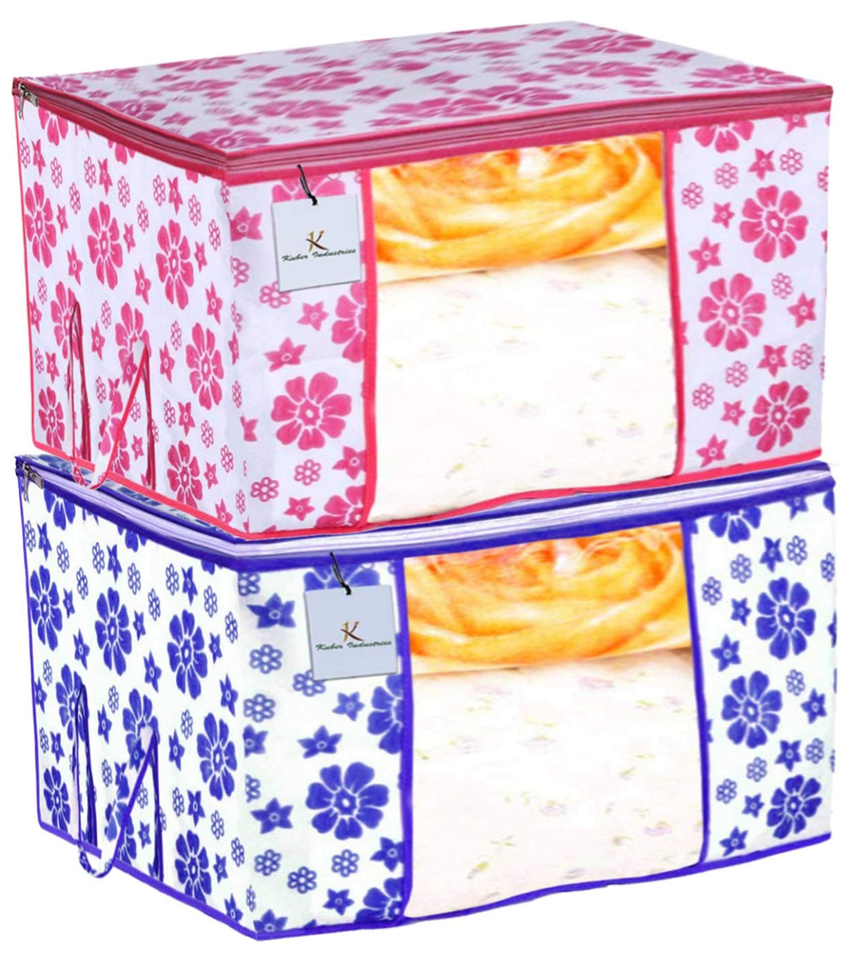 Kuber Industries Flower Design 2 Piece Non Woven Fabric Underbed Storage Bag,Cloth Organiser,Blanket Cover with Transparent Window, Pink & Blue -CTKTC41042