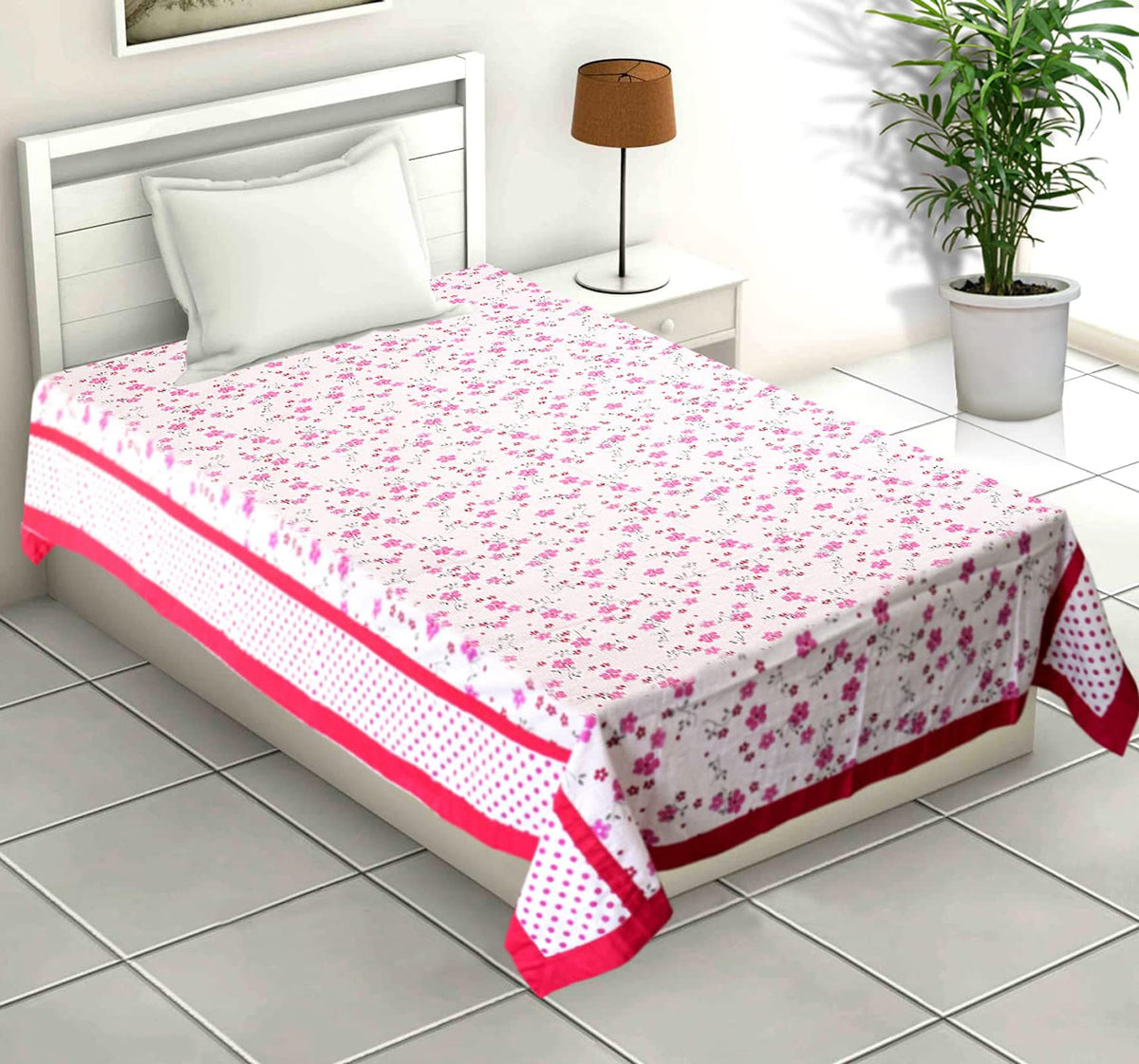 Heart Home Flower Design Pure Cotton Single Bed Top Sheet, Chadar (Pink)-HS43HEARTH26871