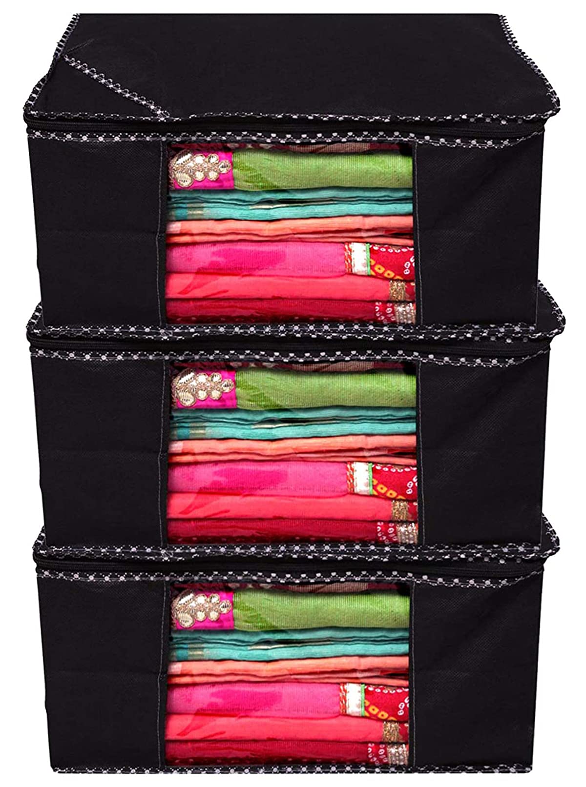 Kuber Industries Fabric Non Woven Saree Covers With Zip|Saree Covers For Storage|Saree Packing Covers For Wedding|Pack Of 3 (Black),W-35 Cm