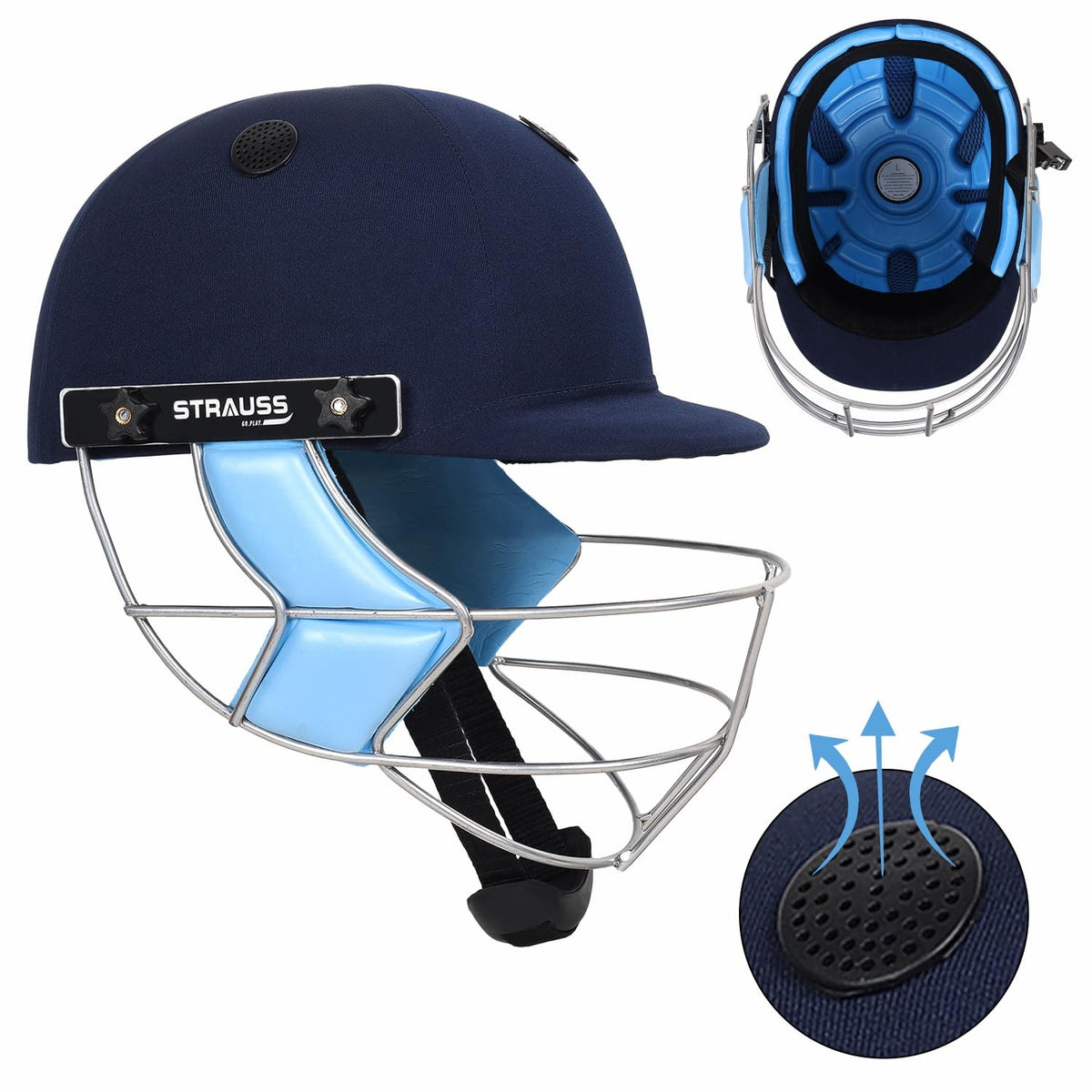 Strauss Cricket Helmet with Adjuster|Steel Grill |Lightweight & Durable |Advance Protection |Leather Ball Cricket Helmet |Ideal for Cricket Enthusiasts & Professionals|Size: Small|Age: 12-15yrs,(Blue)