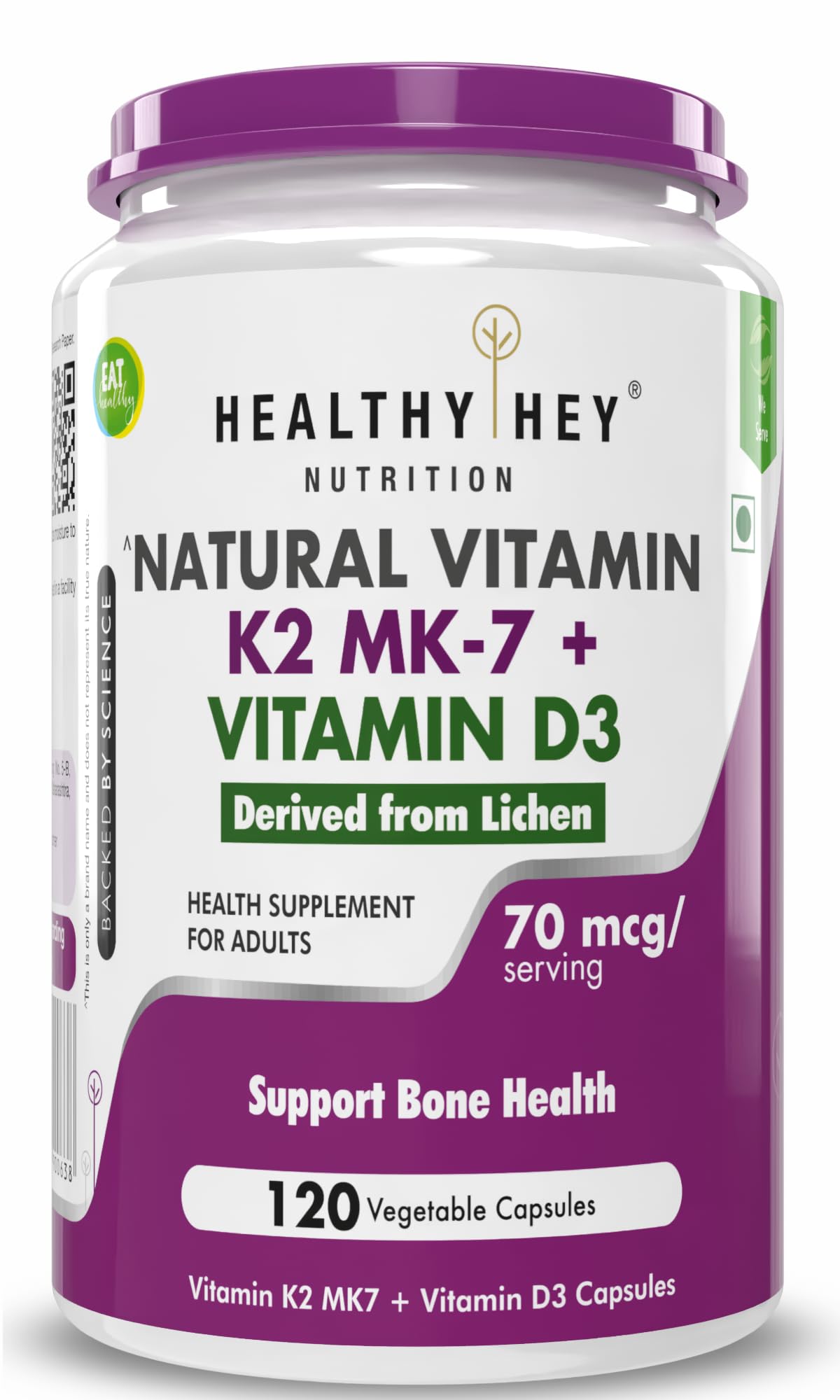 HealthyHey Nutrition Natural Vitamin K2 + Natural D3 - Non-GMO | Non-Synthetic 120 Veg. Capsules