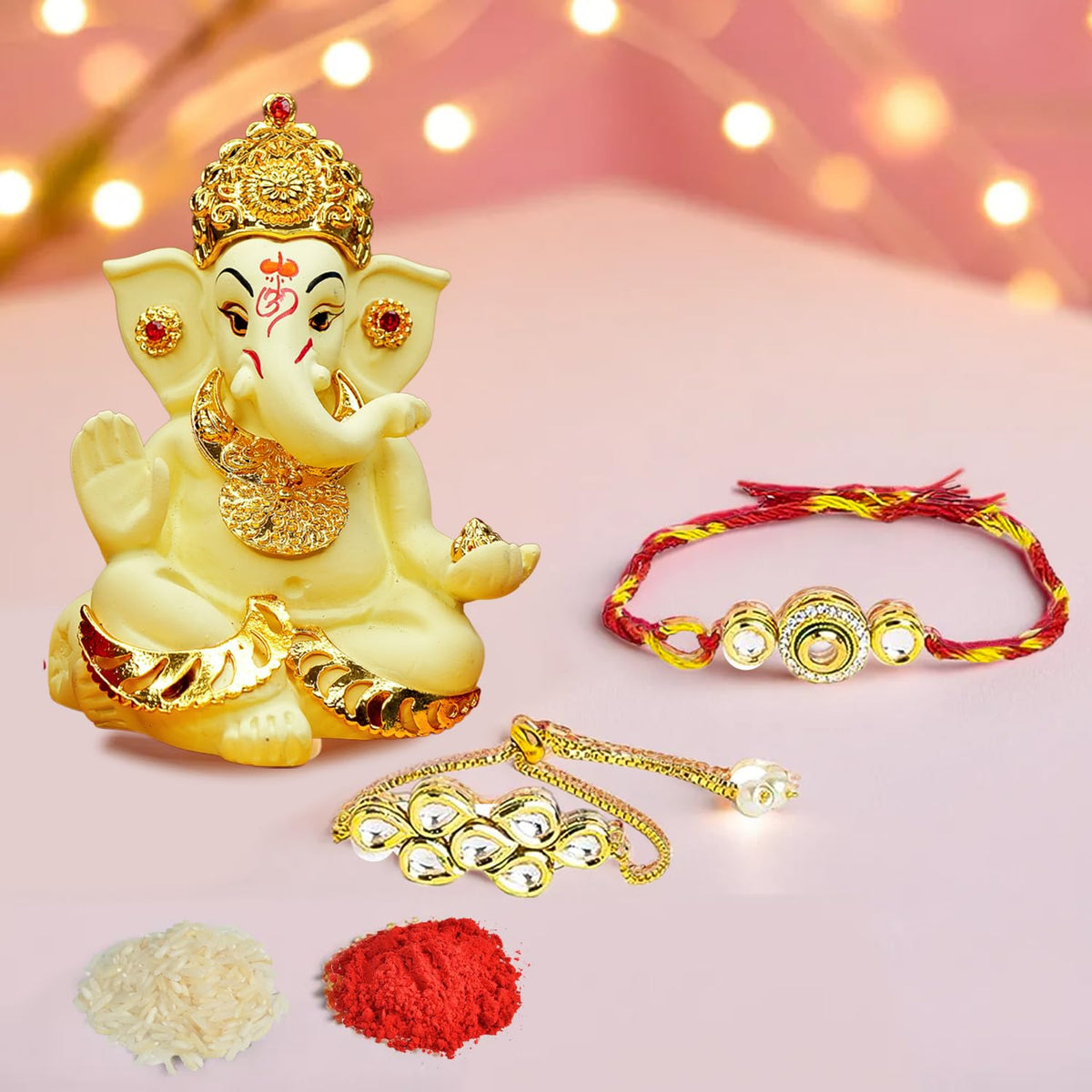 Ekhasa Rakhi Gift Set for Brother | Bhaiya Bhabhi Raakhi with Ganesha Idol Combo | Designer Lumba Rakhis | Raki for Kids Bracelet for Men, Women | Rakshabandhan Rakhee Combo Kit with Roli & Chawal