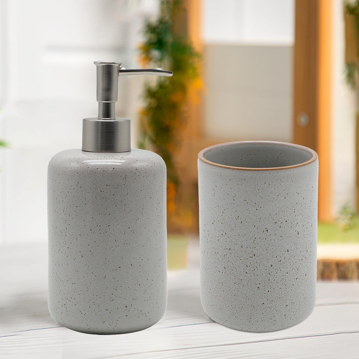 Anko Reactive Glaze Soap Dispenser and Tumbler Set - 1 Pc Each | Stylish Ceramic Bath Accessory Set | Durable Plastic Sprayer | Natural Finish | for Home, Office, Bedroom, Washroom