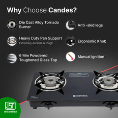 Candes Glass Automatic Gas Stove 2 Burners With Premium Die Cast Alloy | Tornado Burner | 6 mm Toughened Glass Top | Nylon Knob | LPG Compatible | ISI Certified | 1 Yr Warranty | Black