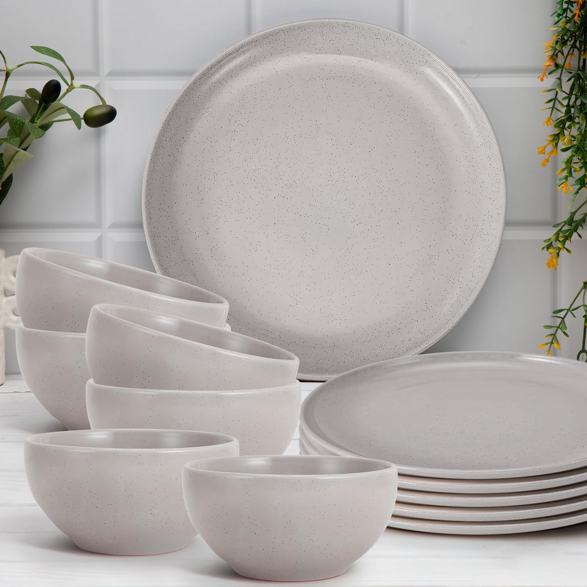 Anko Speckled Stoneware 12 pcs Dinner Set | Premium Crockery for Dining Table, Home, Restaurant, Gifting | Aesthetic Tableware Service Set for 6 | 6 Dinner Plates, 6 Bowls, Beige