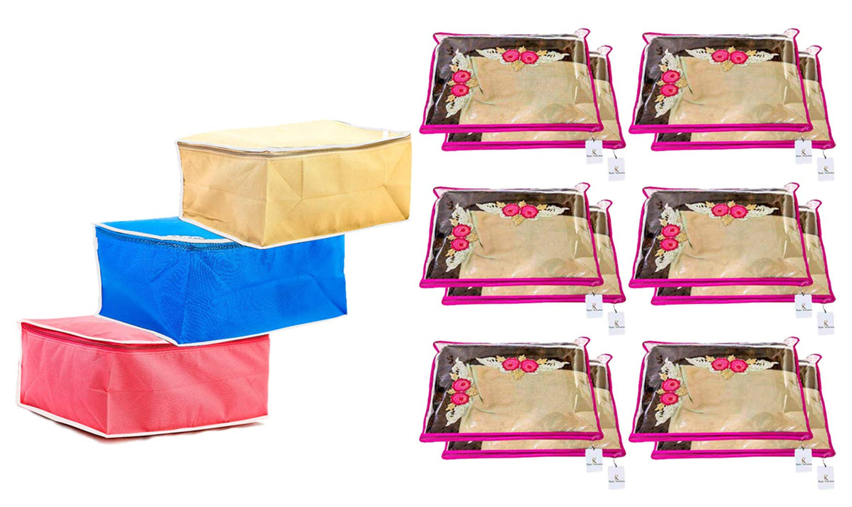 Kuber Industries 15 Pieces Non Woven Packing Saree Cover 12 Pcs Set & 3 Pcs Multi Saree Cover (COM856),Standard