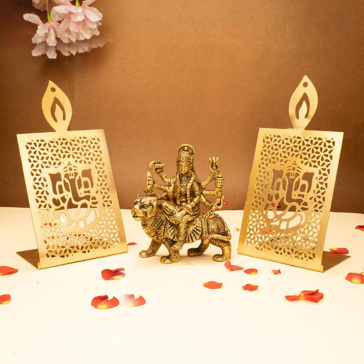 Ekhasa Pure Brass Durga Maa Idol & Tealight Candle Holder | Durga MATA Murti for Home Decor, Puja | MATA Rani Murti for Office Desk | Maa Durga Idol for Gift | Sherawali Ma Idol (Combo)