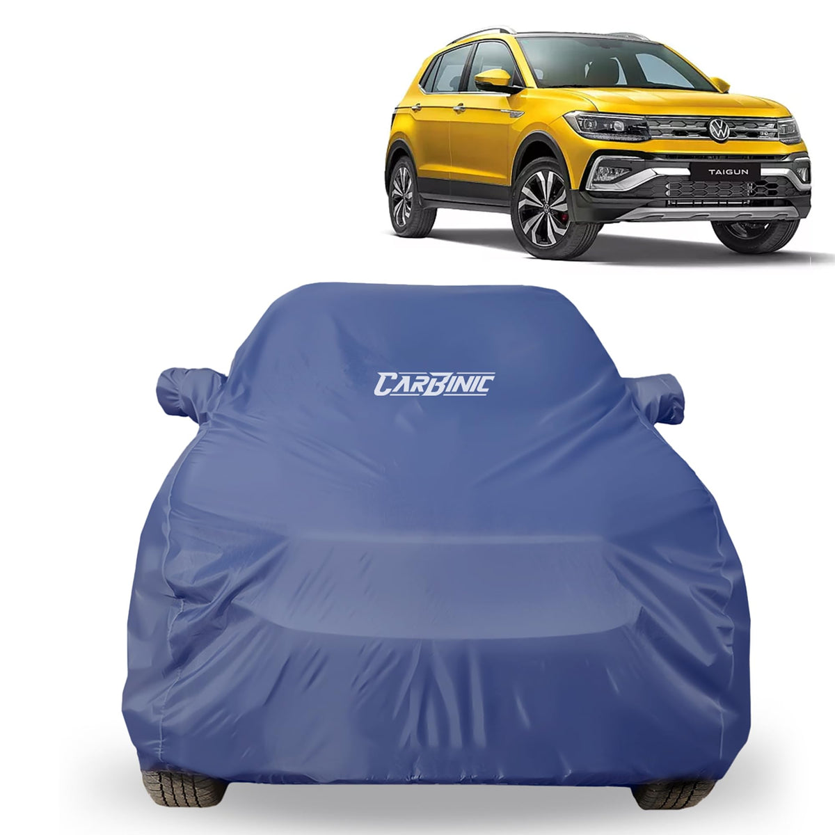 CARBINIC Car Body Cover for Volkswagen Taigun 2021 | Water Resistant, UV Protection Car Cover | Scratchproof Body Shield | All-Weather Cover | Mirror Pocket & Antenna | Car Accessories Dusk Blue