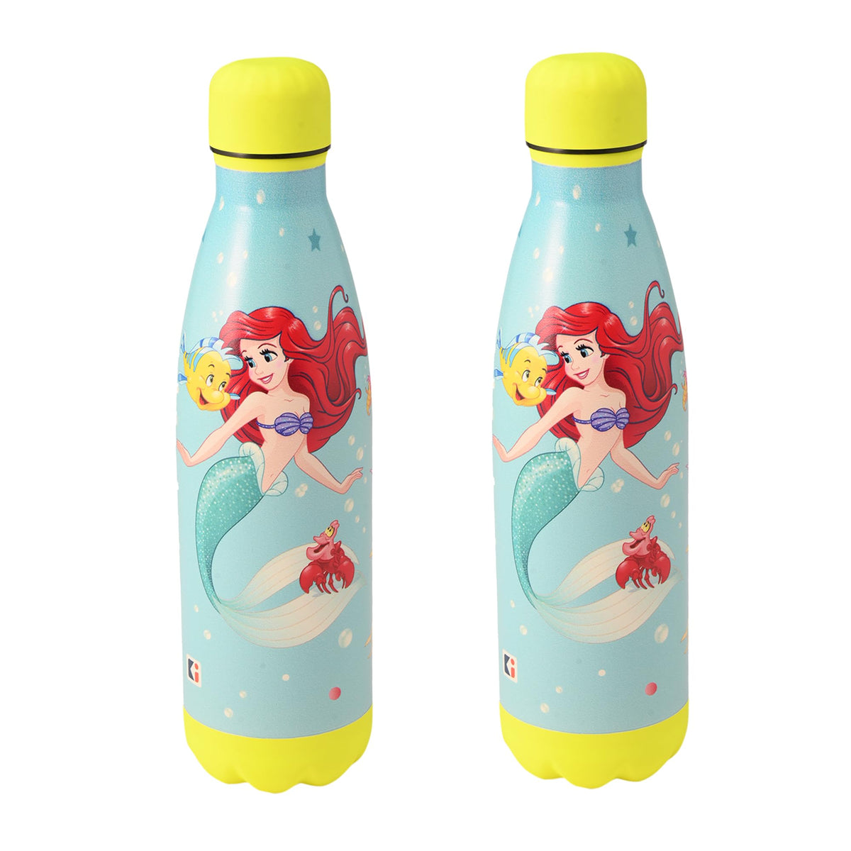 Kuber Industries 500 ml Water Bottle with 2 Lids | Disney Mermaid | Stainless Steel Bottle for Travel & Sports | BPA-Free Insulated Sipper Bottle for Adults & Kids with Straw | Sky Blue | Pack of 2