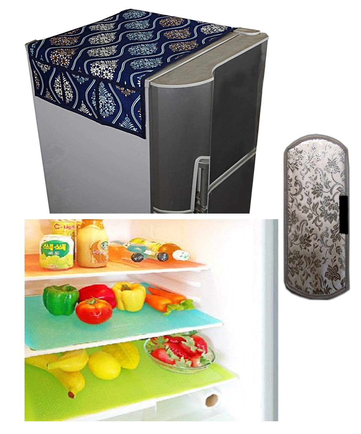 Kuber Industries PVC 3 Pieces Fridge Mats, 1 Piece Handle Cover and 1 Piece Fridge Top Cover (Multi) - CTKTC7712