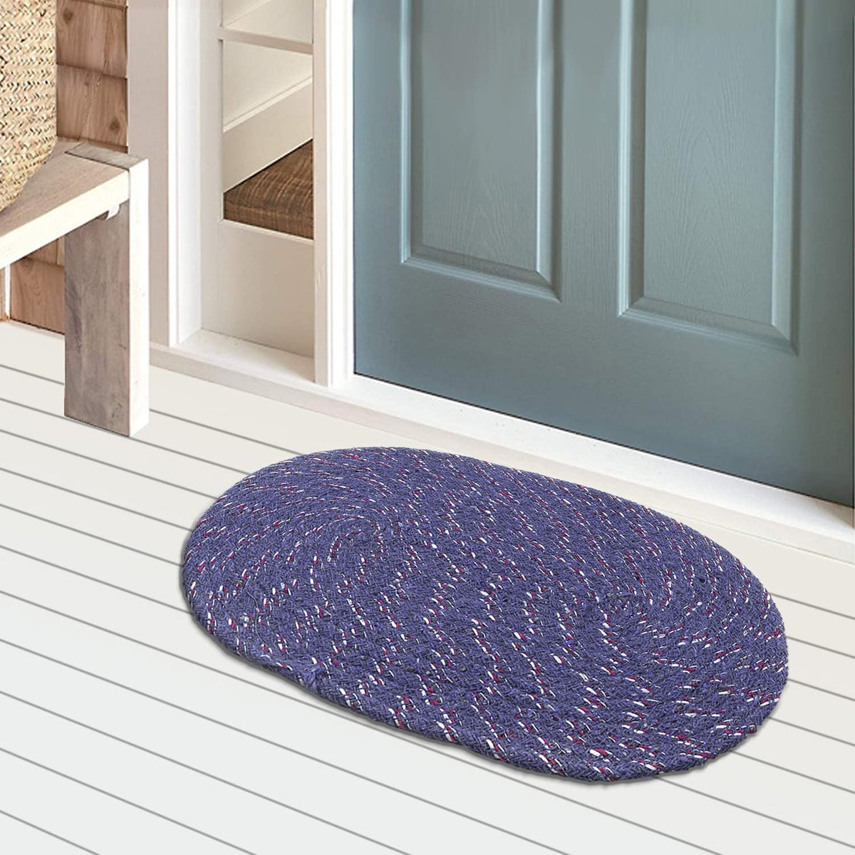 Kuber Industries Cotton Oval Door Mat for Porch/Kitchen/Bathroom/Laundry Room,(Blue) 54KM3956 Standard