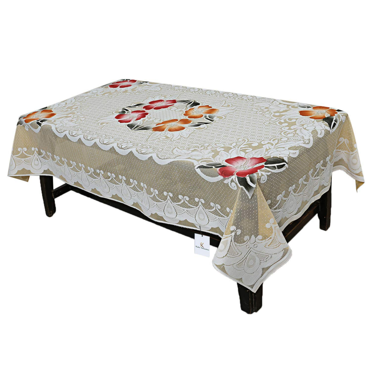 Kuber Industries Floral Cotton Center Table Cover for 4 Seater - Cream (KI3556)