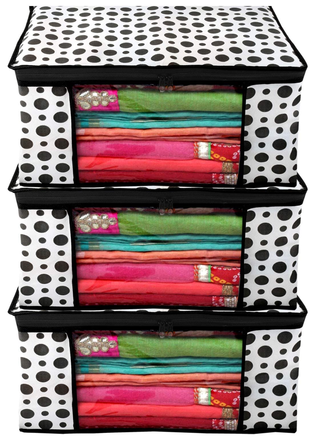 Kuber Industries Clothes Organizer For Wardrobe (Pack of 3) - Storage Organizer For Saree | Shirts | Lehenga - Dress Organizer For Wardrobe - Saree Covers With Zip (Polka Dots) (Black and White)