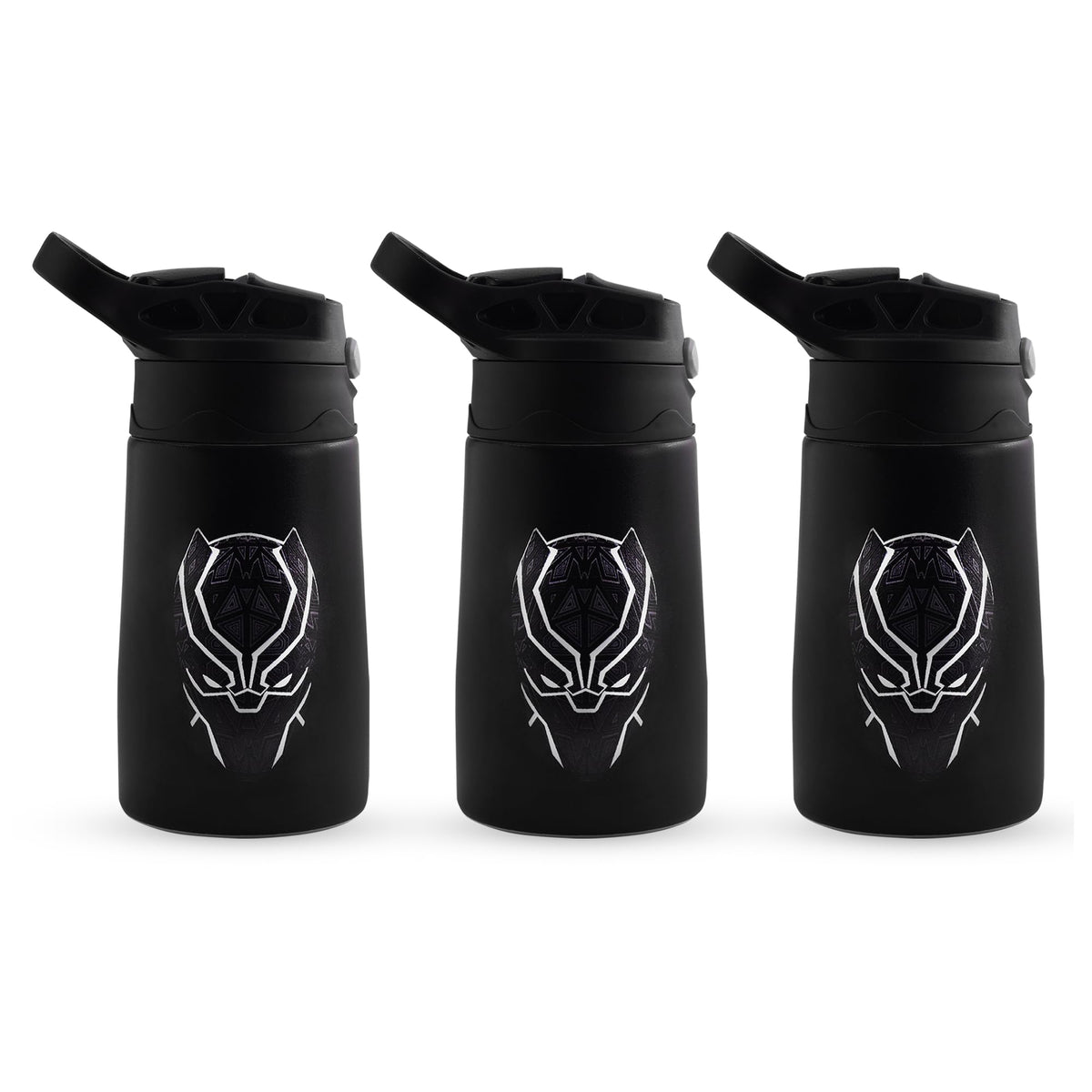 Kuber Industries 350 ml Insulated Water Bottle | Black Panther Kids Water Bottle | Stainless Steel Kids Water Bottle | Water Bottle with Push-Button Flip Lid | Bottle For School | Black | Pack of 3