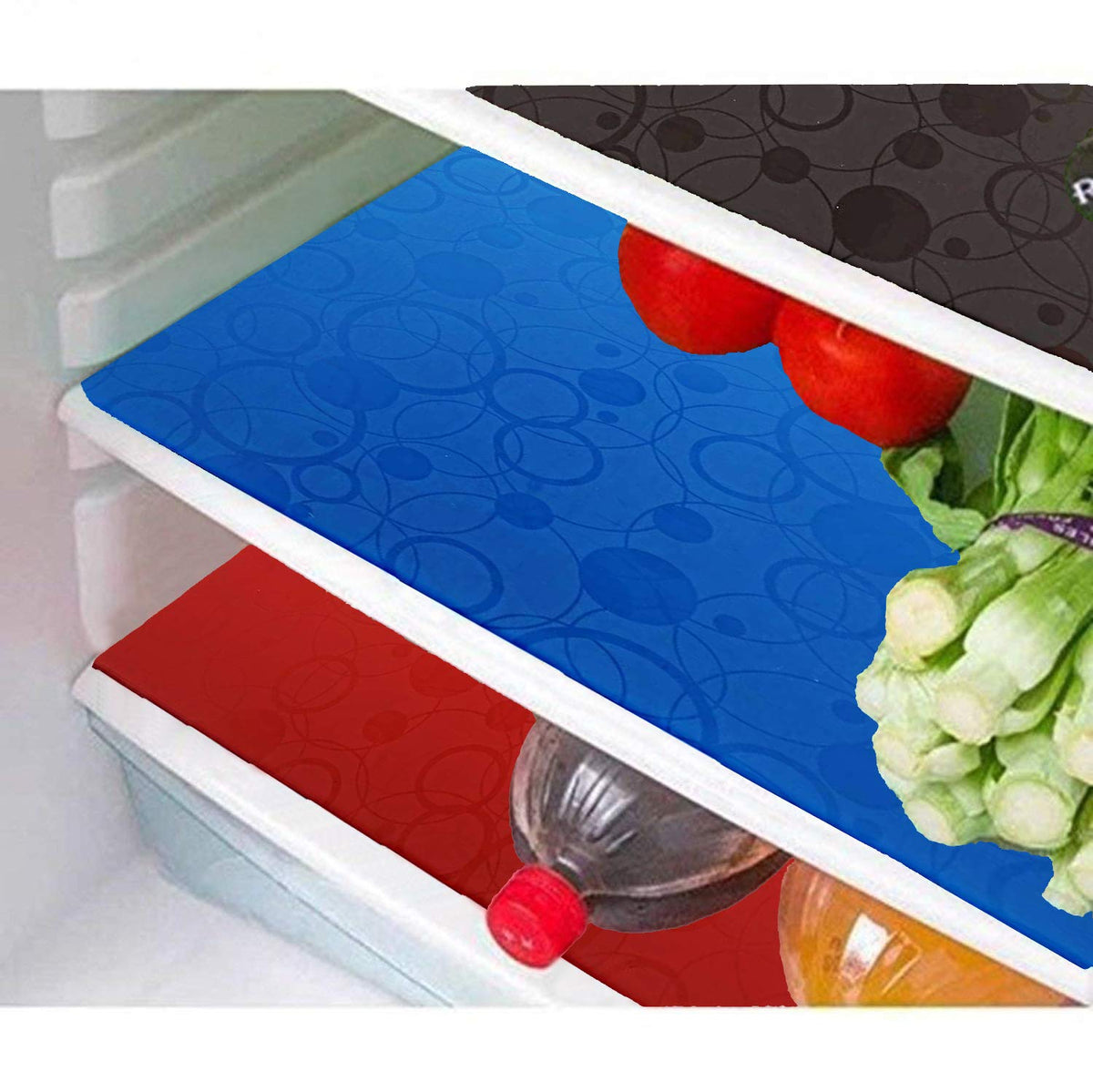 Kuber Industries Circle Design 6 Piece PVC Refrigerator Drawer Mat Set - Blue, Brown and Red - CTKTC22378