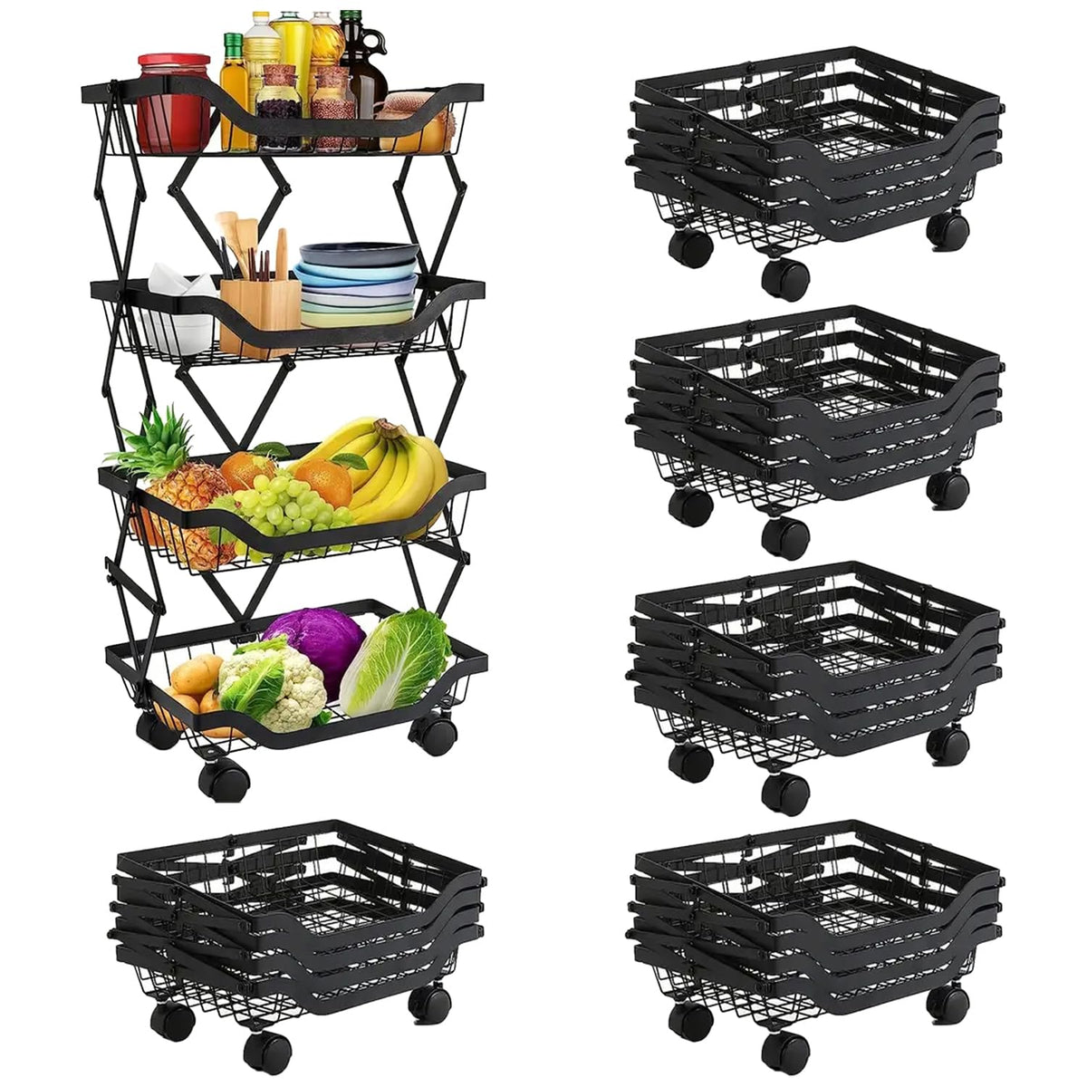 Kuber Industries 4-Layer Collapsible Kitchen Rack|Multipurpose Storage Basket|360-Degree Rotable Kitchen Trolley|Fruit Basket Pack of 6 (Black)