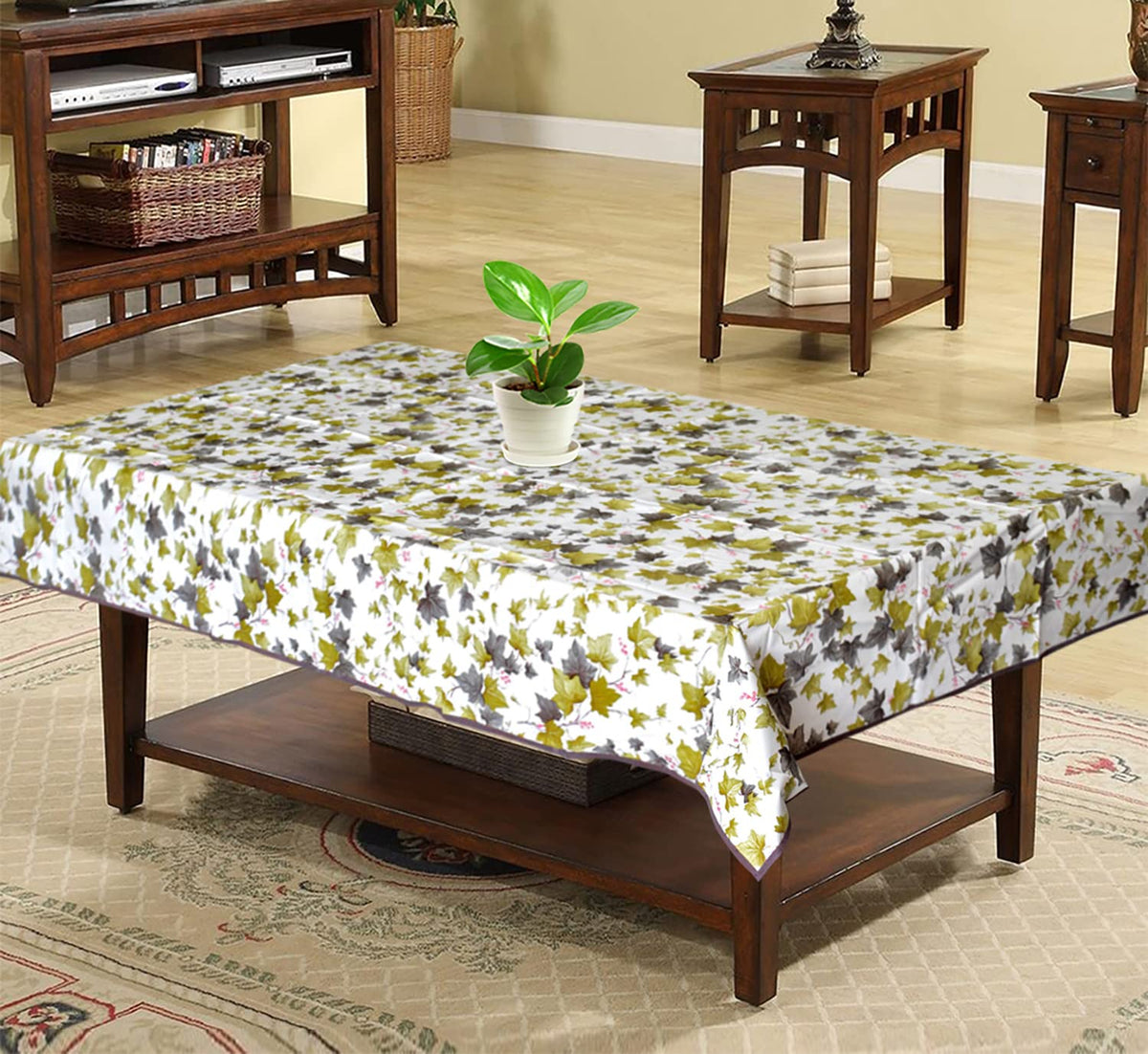 Kuber Industries Floral Print PVC Center Table Cover/Rectangular Shape Table Cloth for Home Decorative Luxurious 4 Seater, 60"X36" (Green) 54Km4269