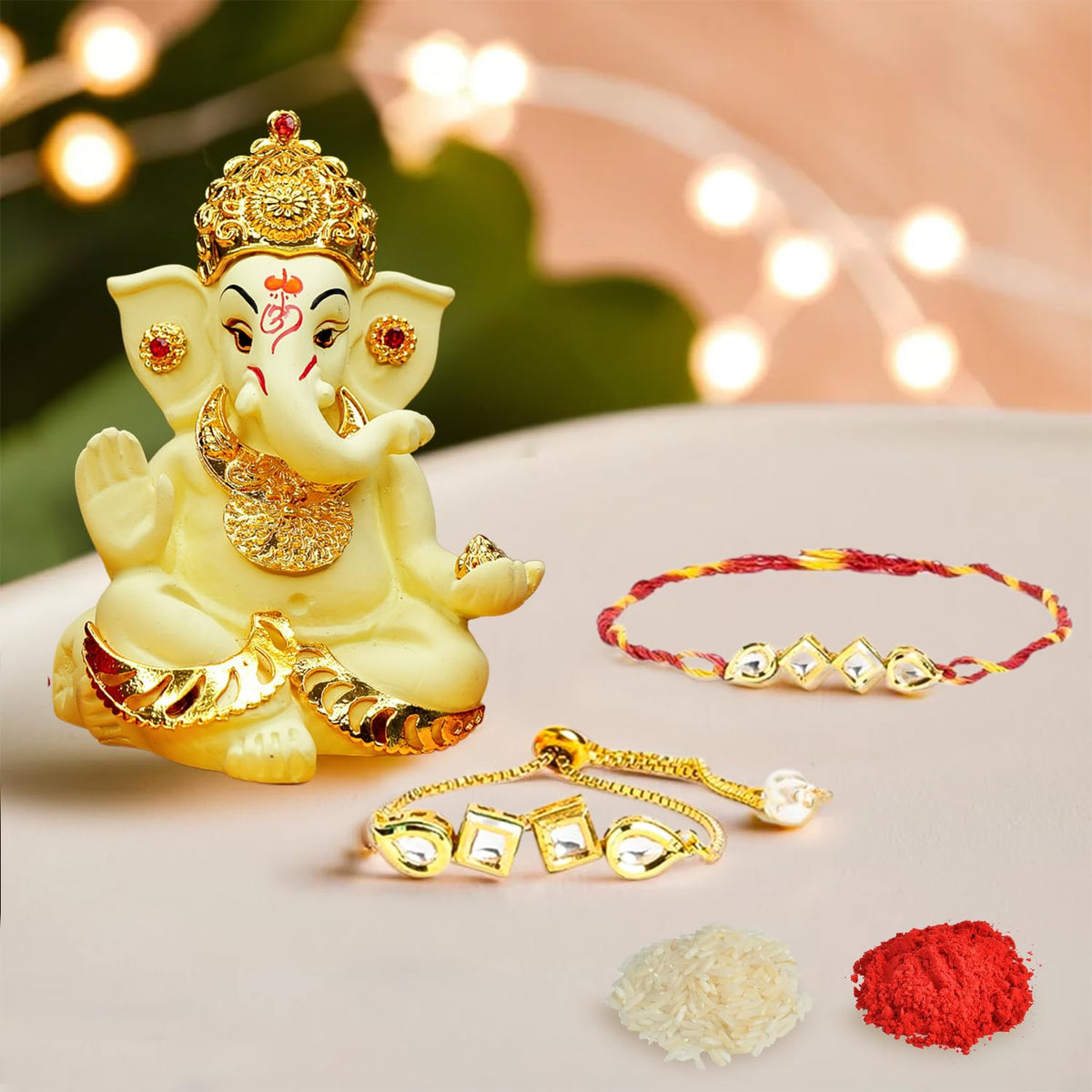 Ekhasa Rakhi Gift Set for Brother | Bhaiya Bhabhi Raakhi with Ganesha Idol Combo | Designer Lumba Rakhis | Raki for Kids Bracelet for Men, Women | Rakshabandhan Rakhee Combo Kit with Roli & Chawal