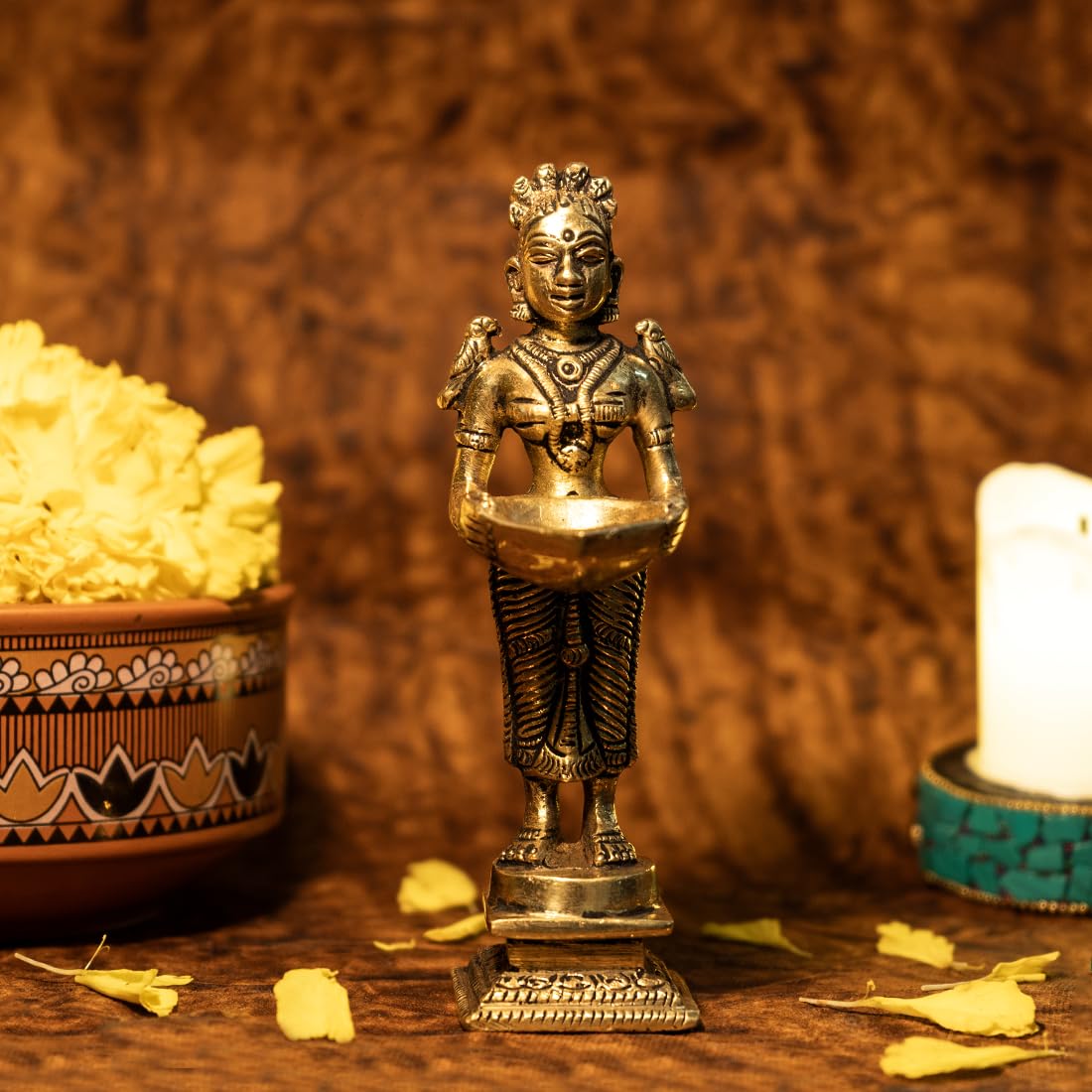 Ekhasa 100% Pure Brass Diya for Puja (Size: 12.8 cm) | Standing Diya for Pooja | Pital Stand Diya for Puja | Brass Lamps for Pooja | Standing Lady Holding Brass Diya in Hand for Pooja