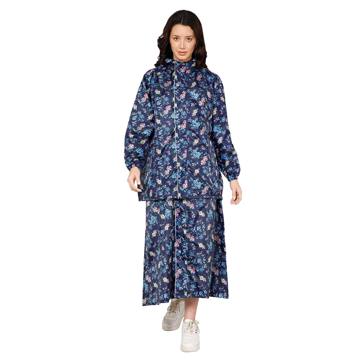 THE CLOWNFISH Polyester Waterproof Rain Coat For Women Skirt and Top Raincoat With Adjustable Hood and Front Pockets Rain Glam Series (Dark Blue Floral, X-Large)