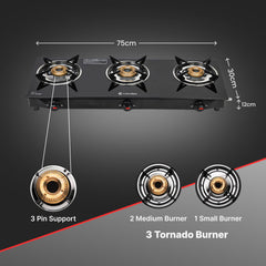 Candes Manual Ignition Gas Stove 3 Burners Die Cast Alloy Tornado Burner-Brass | 6mm Powdered Toughened Glass Top | Nylon Ergonomics Knob | LPG Compatible | ISI Certified | 1 Yr Warranty | Black