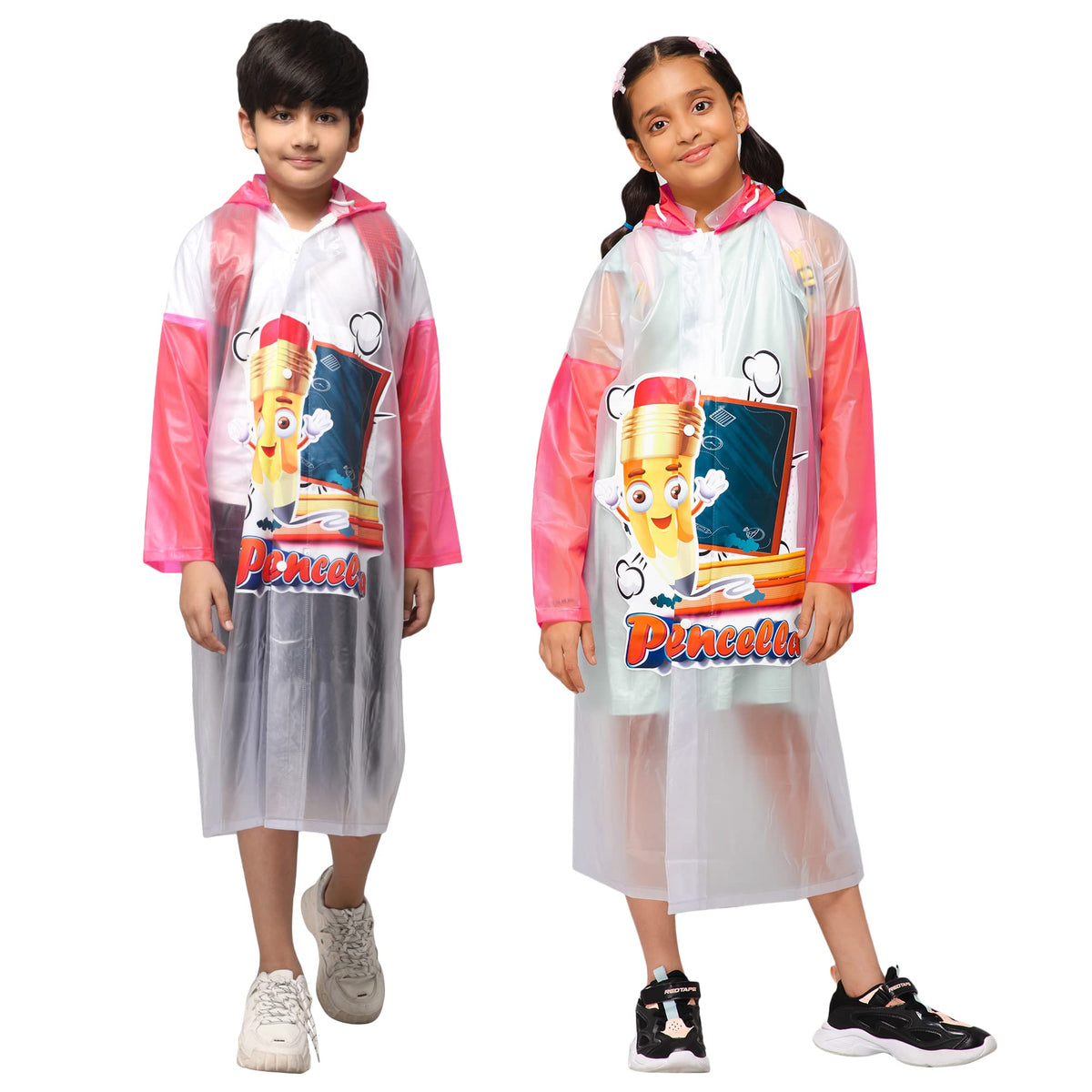 THE CLOWNFISH Toon Caper Series Kids Waterproof PVC Longcoat with Adjustable Hood & Extra Space for Backpack/Schoolbag Holding. Printed Plastic Pouch. Kid Age-6-7 years (Milky White -Transparent)