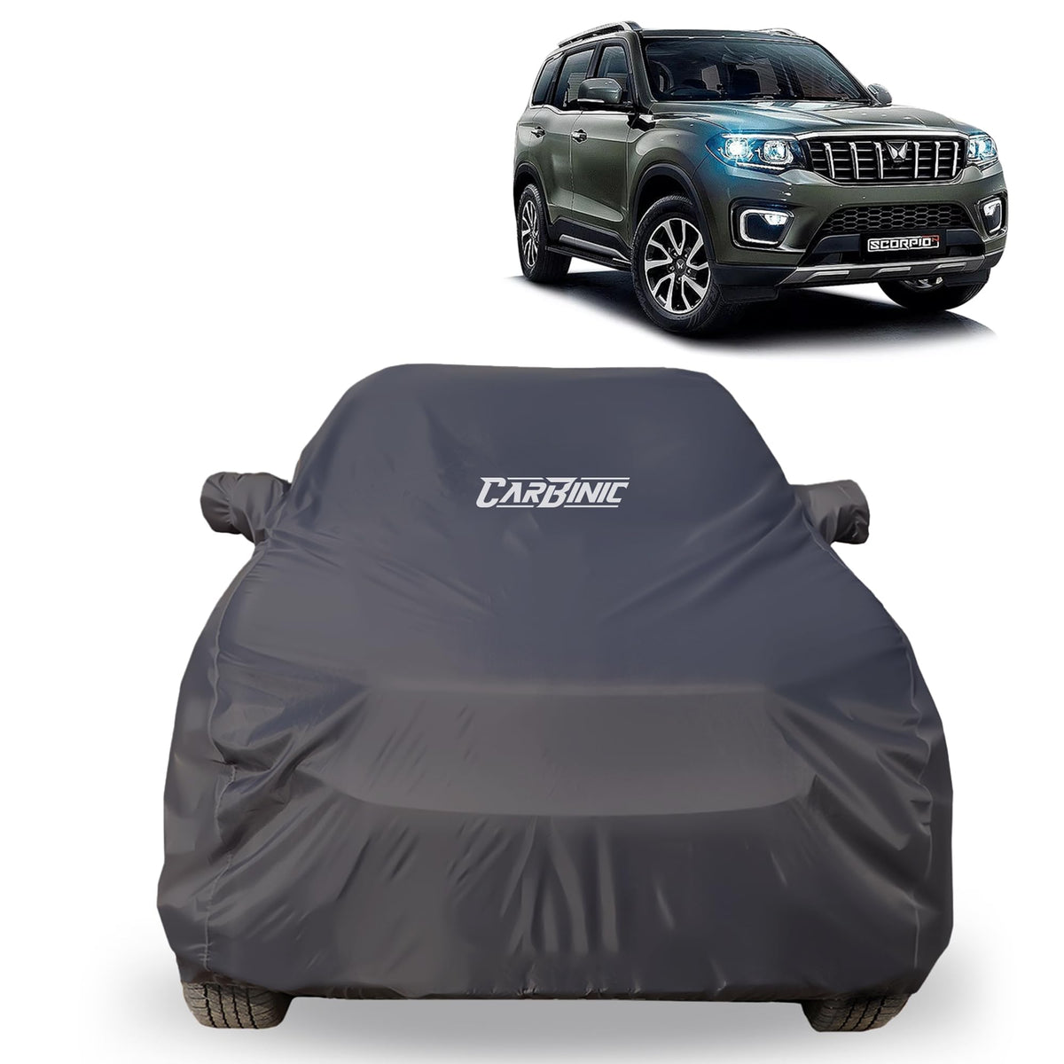 CARBINIC Car Body Cover for Mahindra Scorpio 2022 | Water Resistant, UV Protection Car Cover | Scratchproof Body Shield | All-Weather Cover | Mirror Pocket & Antenna | Car Accessories Dusk Grey