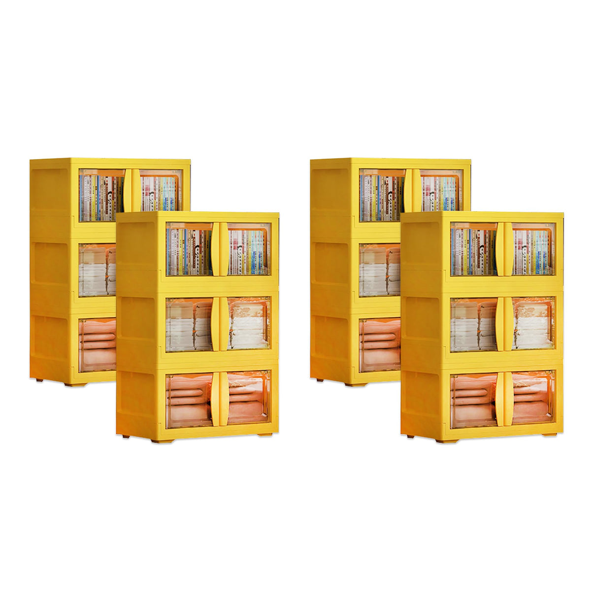 Kuber Industries (Set of 4) 3-Layer Double Door Almirah for Clothes - Collapsible & Foldable Dress Racks/Plastic Cupboard for Storage - Yellow