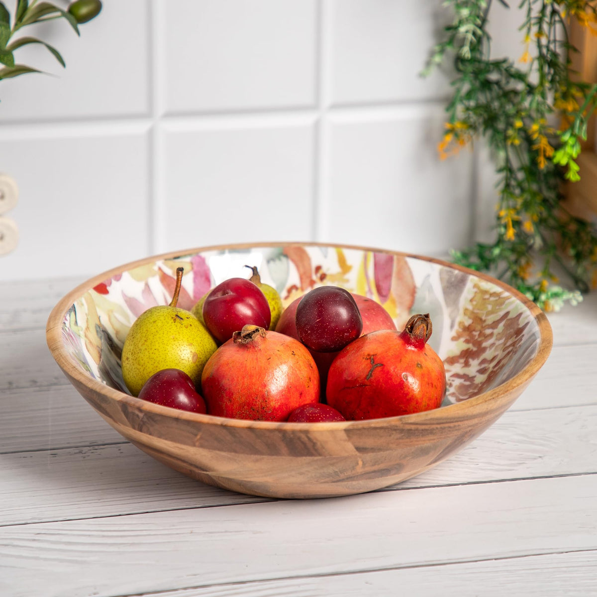 Anko Large Acacia Wood Bowl | Designer Salad Utensil with Enamel Oil Finish for Fruits, Vegetable, Snacks, Dough Making| Mixing & Serving Bowl for Kitchen, Dining, Restaurants | 11", Pastel Floral