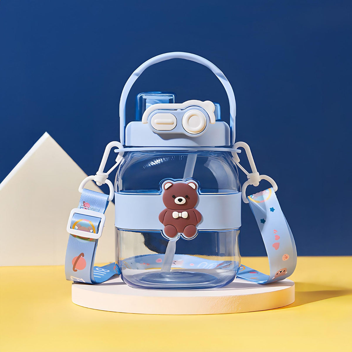 Kuber Industries Pack of 2 Kids Water Bottle With Straw |Cute Teddy Bear Sipper Water Bottle For Kids Boys Girls| Water Bottle with Locking Flip Lid | 1000 ML | Blue | SYZ-7728C