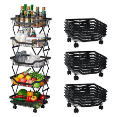 Kuber Industries 5-Layer Collapsible Kitchen Rack|Multipurpose Storage Basket|360-Degree Rotable Kitchen Trolley|Fruit Basket Pack of 4 (Black)