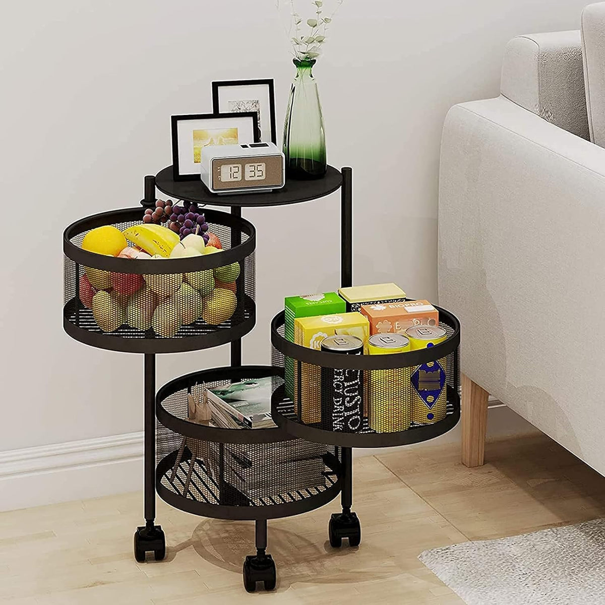 CHESTON Rotating Kitchen Storage 3 Layer Trolley | Portable Carbon Steel Kitchen Trolley with Wheels | Sturdy & Stable Kitchen Storage Rack for Fruits Vegetables Utensils (Black)