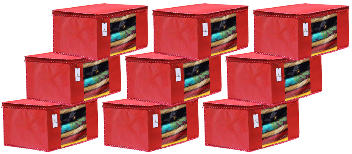 Kuber Industries 9 Piece Non Woven Fabric Saree Cover Set with Transparent Window, Extra Large, Red-CTKTC31882