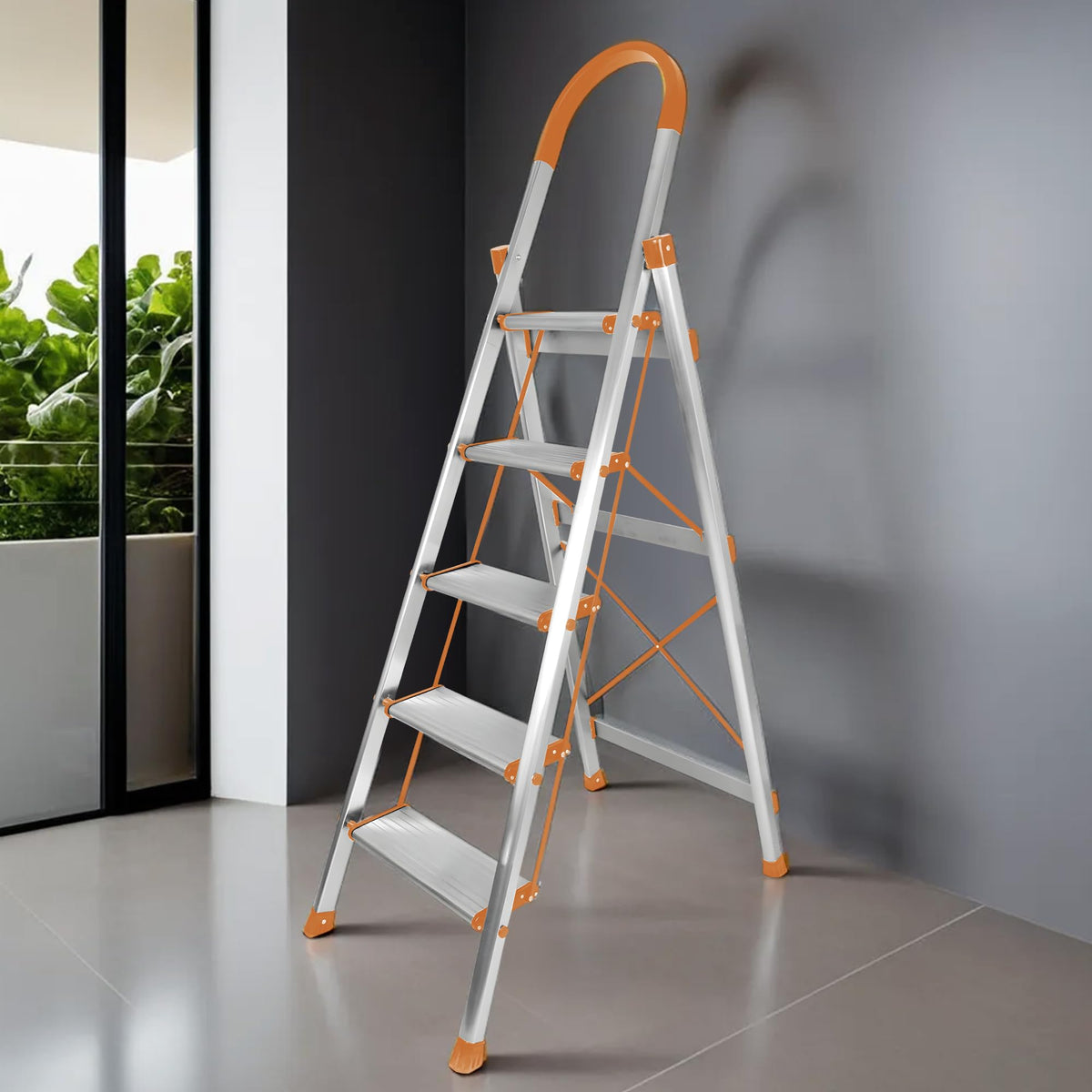 UMAI Aluminium Ladder for Home 5 Step Foldable | Large Platform | Anti-Slip Steps Edge Guard | Heavy Duty Foldable 5 Step Ladder | Slip-Resistant Durable Wide Steps | Orange and Silver