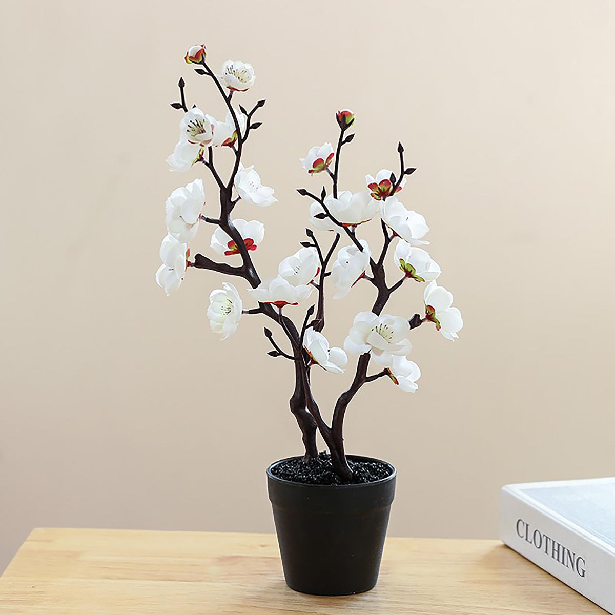 UMAI Artificial Flowers for Decoration with Pot (34cm) | White Plum Blossom Flowerpot | Aesthetic Room Decor Items for Living Room, Bedroom, Hall | Fake Plants for Office, Reception Area