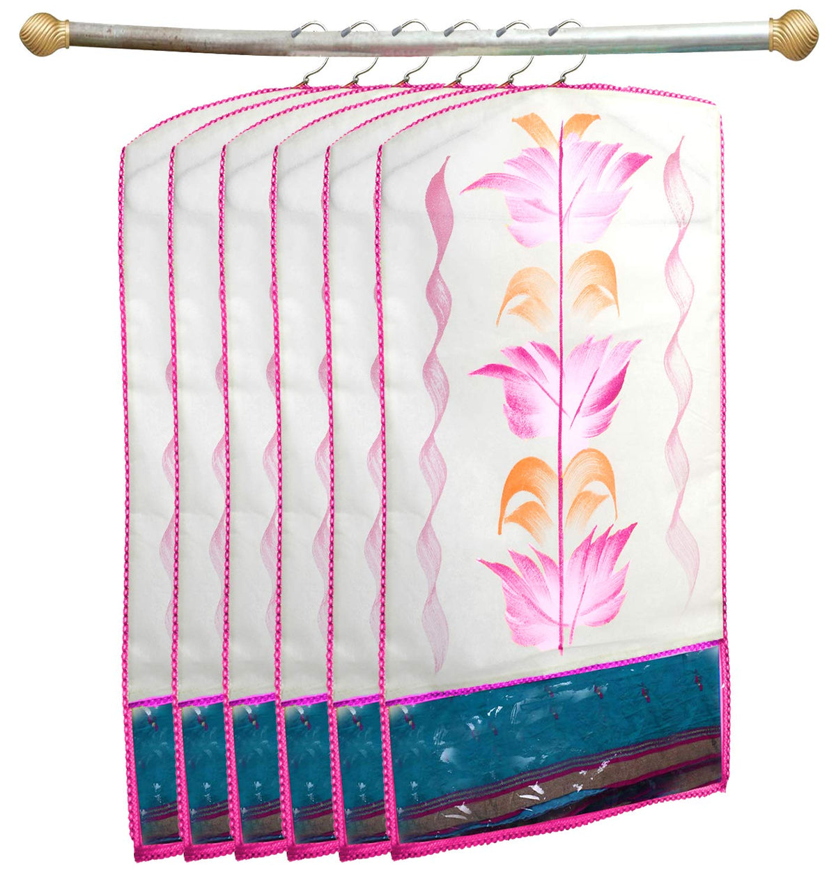 Kuber Industries Printed 6 Piece Non Woven Hanging Saree Cover Wardrobe Organiser (Pink) -CTKTC038929