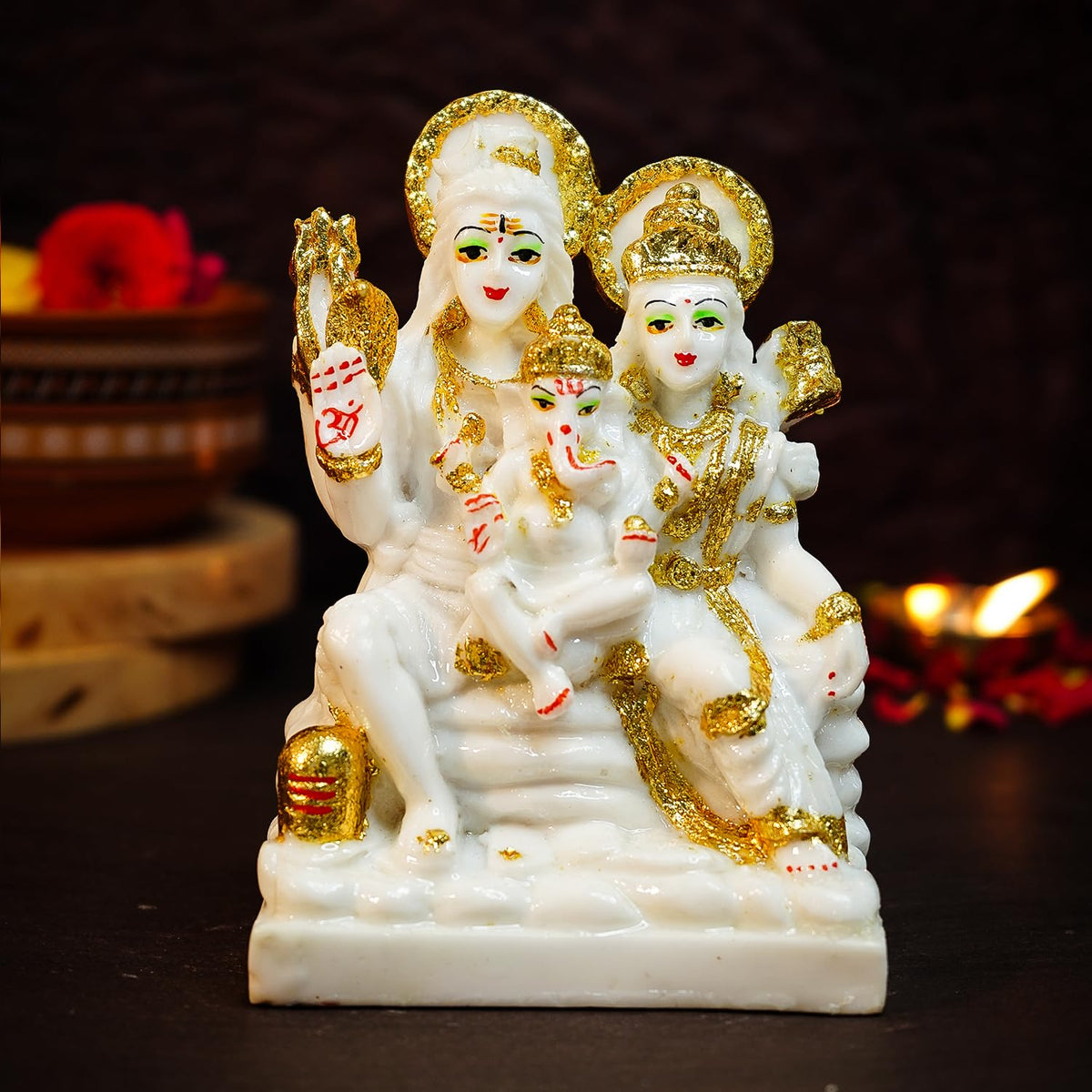 Ekhasa Aura Series Marble Dust Shiv Parivar Murti (5 inch) | Gold Plated Shiv Parvati Murti for Pooja Room, Home Decor & Office Desk | Resin Shiva Parvati Idol | Mahadev Bholenath Pariwar Statue