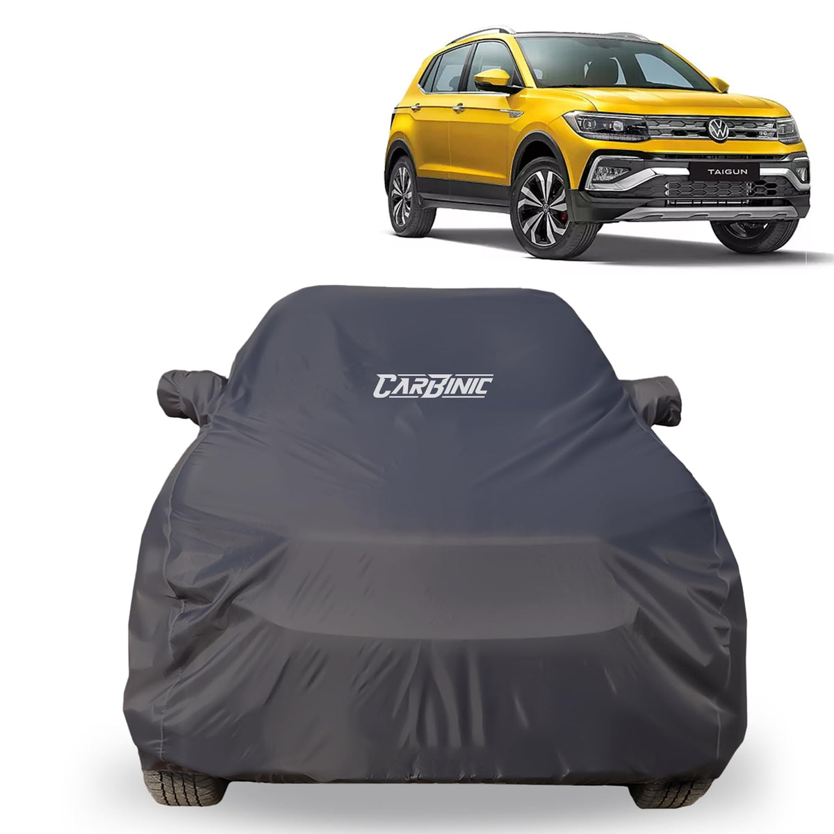 CARBINIC Car Body Cover for Volkswagen Taigun 2021 | Water Resistant, UV Protection Car Cover | Scratchproof Body Shield | Dustproof All-Weather Cover | Mirror Pocket & Antenna | Car Accessories