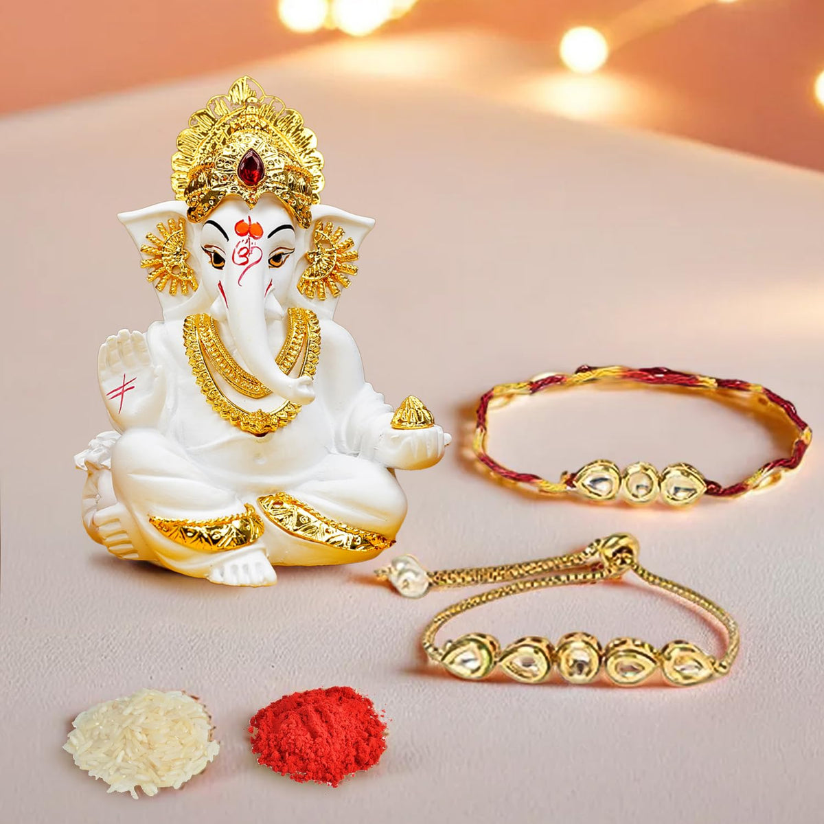 Ekhasa Rakhi Gift Set for Brother | Bhaiya Bhabhi Raakhi with Ganesha Idol Combo | Designer Lumba Rakhis | Raki for Kids Bracelet for Men, Women | Rakshabandhan Rakhee Combo Kit with Roli & Chawal