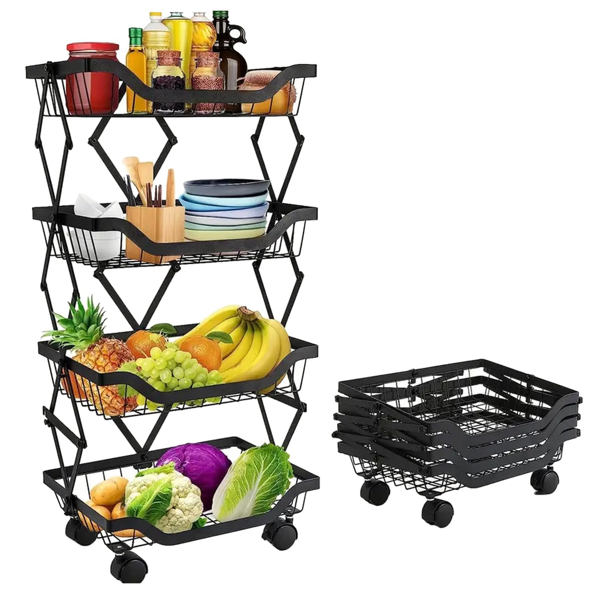 Kuber Industries 4-Layer Collapsible Kitchen Rack|Multipurpose Storage Basket|360-Degree Rotable Kitchen Trolley|Fruit Basket Pack of 2 (Black)