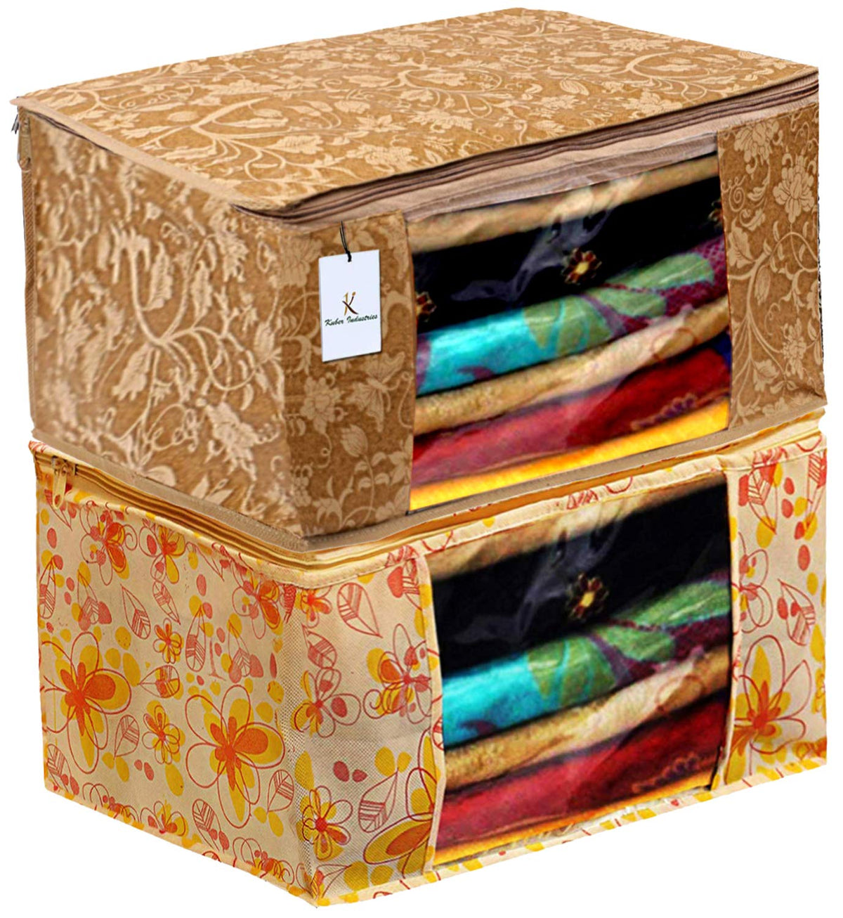 Kuber Industries Metalic Printed 2 Piece Non Woven Fabric Saree Cover Set with Transparent Window, Extra Large, Beige & Ivory Red -CTKTC40779