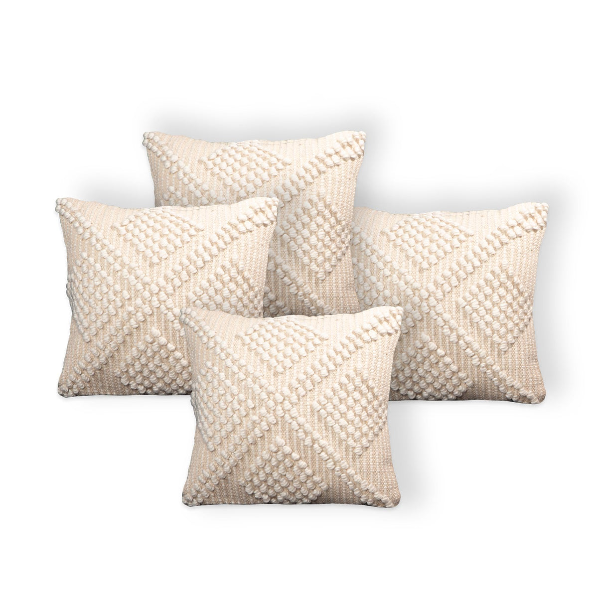 Anko Australia Romy Woven Polyester & Linen Printed Square Cushion Cover Set of 4 | Textured Throw Pillow Covers with Tassels for Sofa & Bed (Without Filler) | 43 x 43 cm Each, Natural & White