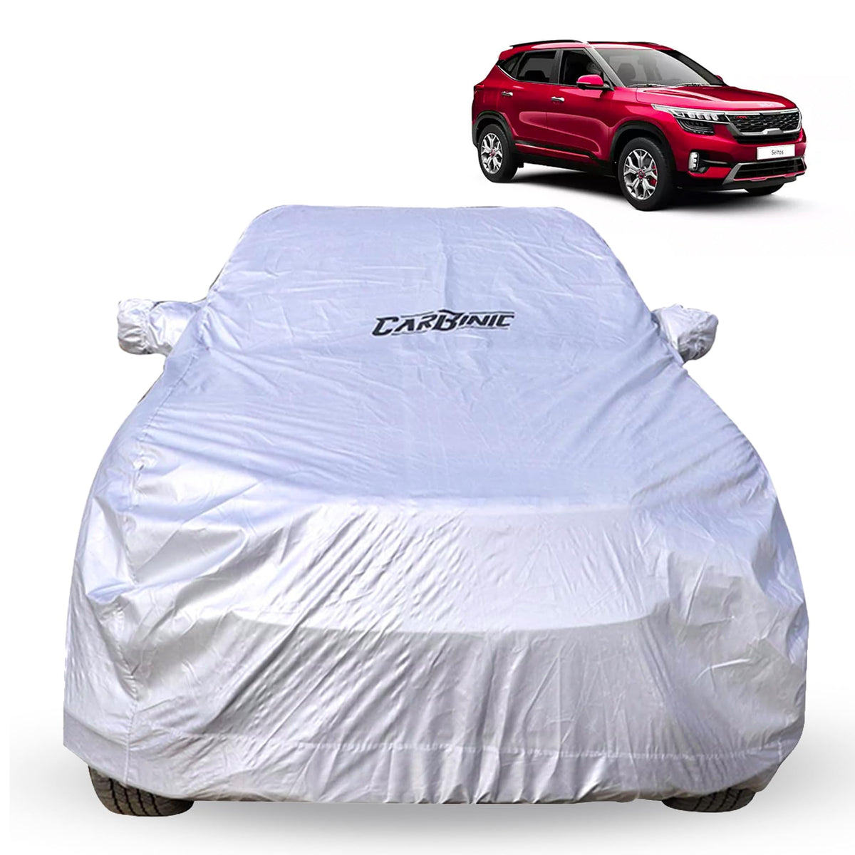 CARBINIC Car Body Cover for KIA Seltos 2019 | Water Resistant, UV Protection Car Cover | Scratchproof Body Shield | Dustproof All-Weather Cover | Mirror Pocket & Antenna | Car Accessories, Silver