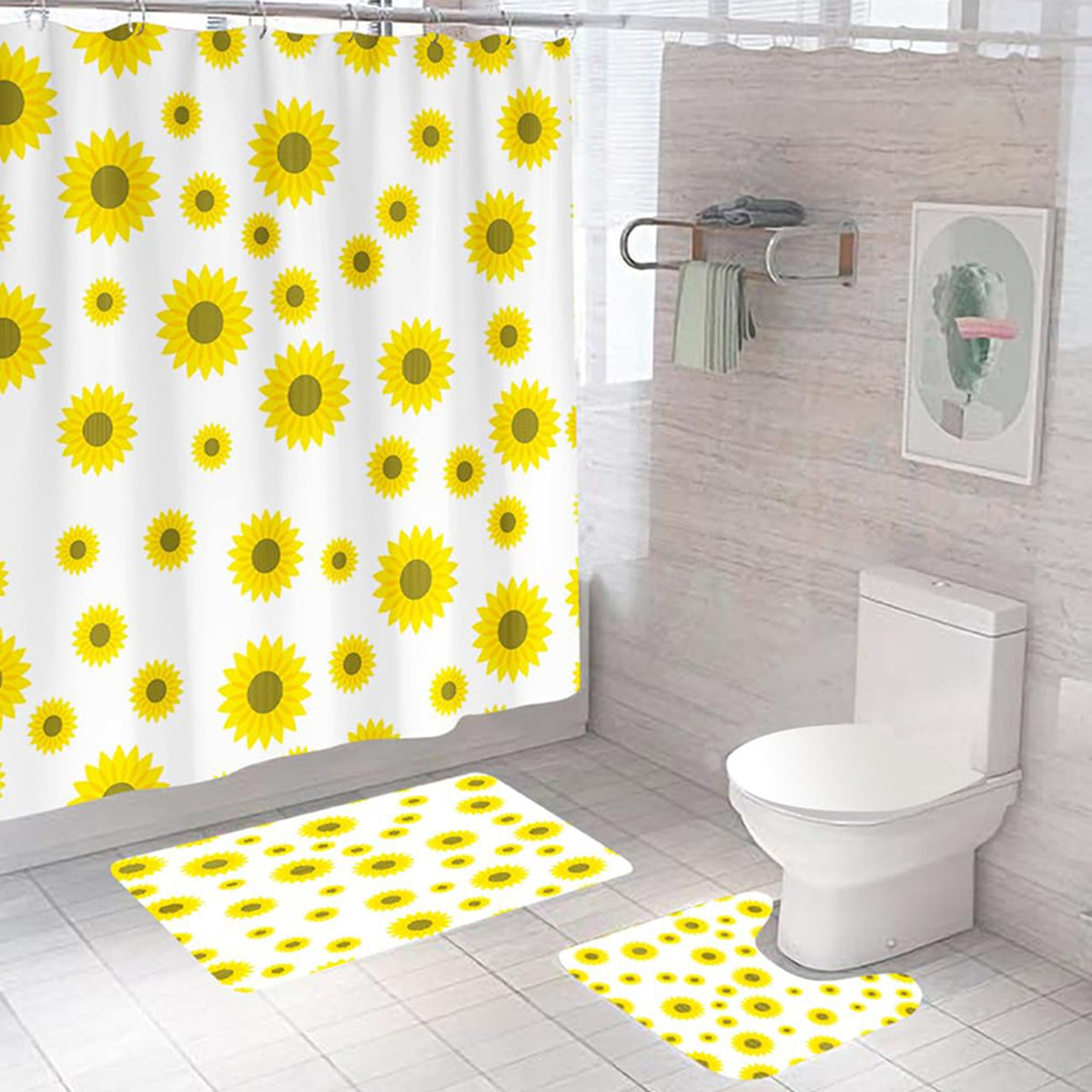 The Better Home Shower Curtain & Bathroom Mat Set (3pc) | 6 Ft Shower Curtains for Bathroom| U-Shaped Anti Skid Mat for Bathroom Floor | Non Slip Mat for Bathroom | Mold Resistant | Sunflowers