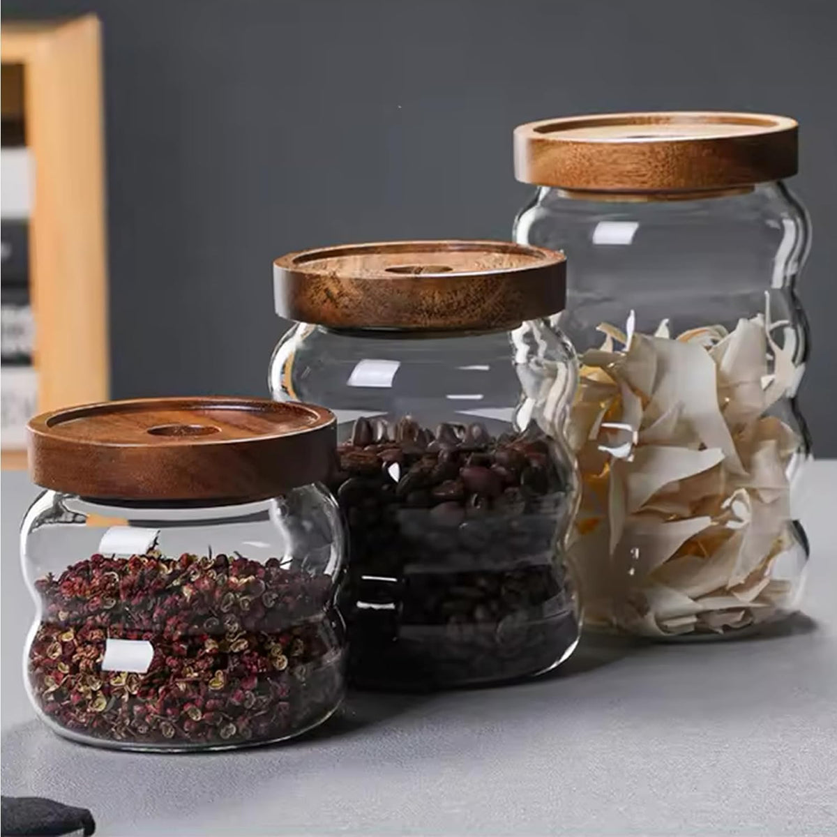 Homestic Borosilicate Glass Jar with Bamboo Lid | Multi-utility | Leakproof | Airtight Storage Jar for Cookies, Snacks, Tea, Coffee, Sugar | Set of 3 (340ml, 550ml, 700ml)