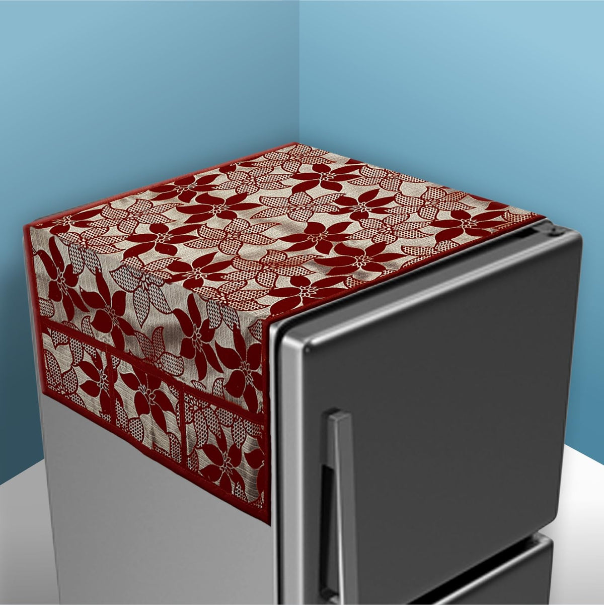 Kuber Industries Fridge Top Cover | Fridge Top Cover with Pockets | Refrigerator Top Cover for Kitchen | Fridge Top Cover with 6 Utility Pockets | Flower-Design Fridge Cover | Maroon