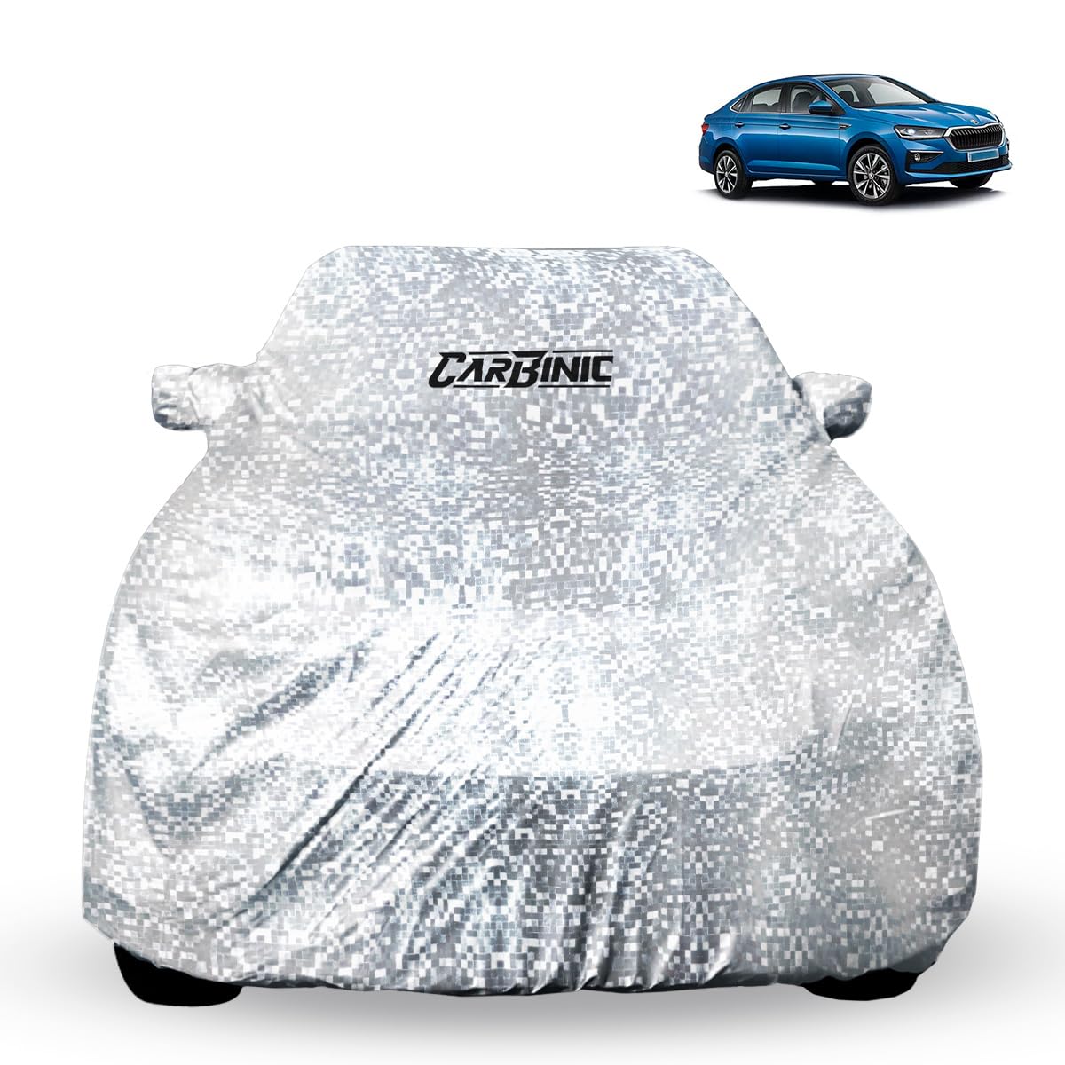 CARBINIC Waterproof Car Body Cover for Skoda Slavia 2022 | Dustproof, UV Proof Car Cover | Skoda Car Accessories | Mirror Pockets & Antenna Triple Stitched | Double Layered Soft Cotton Lining, Silver