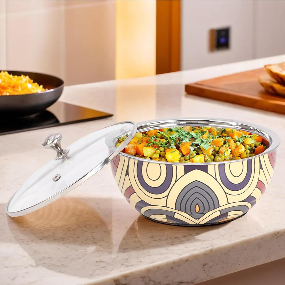 Kuber Industries Pack of 5 Stainless Steel Insulated Hotpot Roti Box with Transparent Glass Lid | 1.5L Chapati Casserole for Dining Table - Multicolor