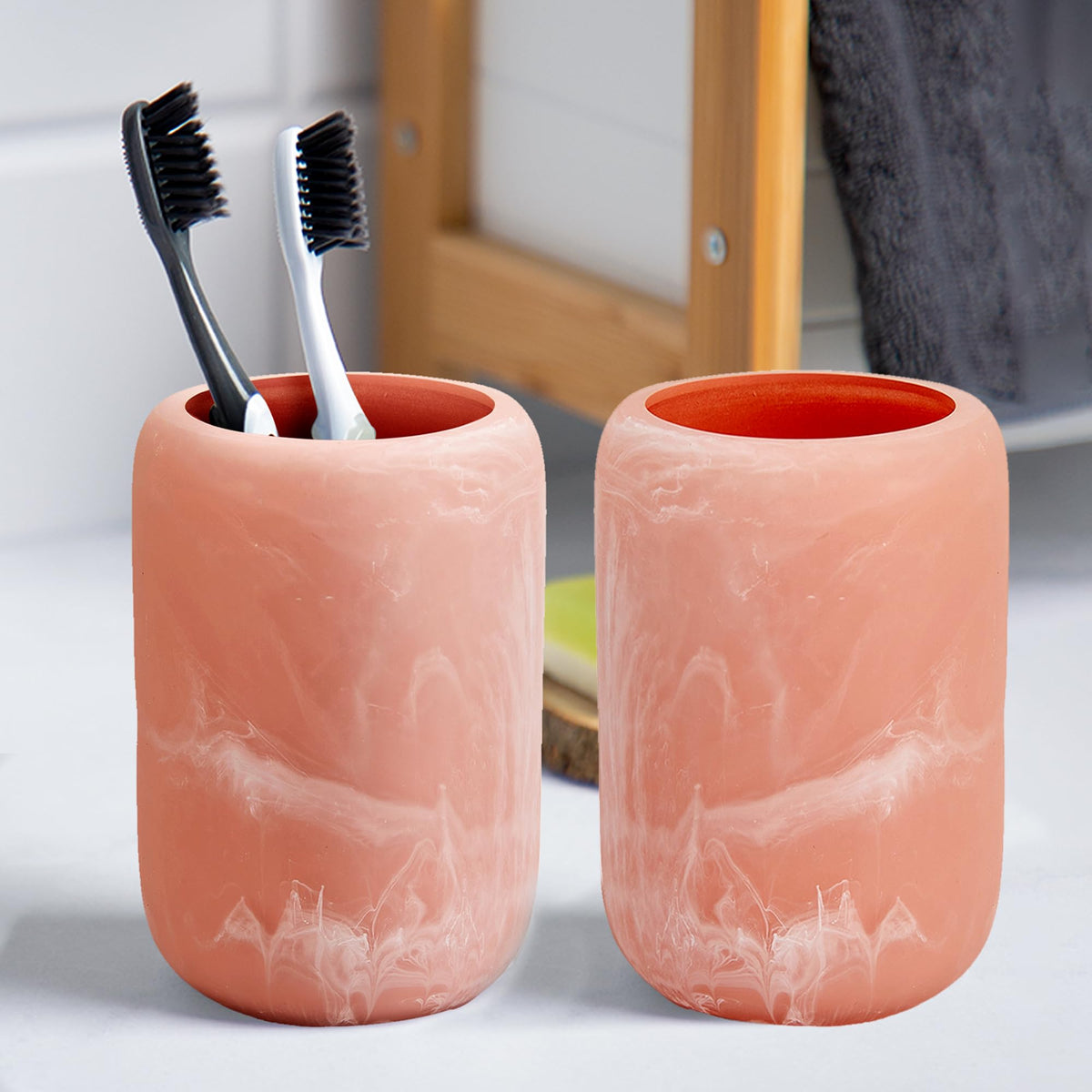 Anko Resin Toothbrush Holder for Bathroom | Toothpaste, Makeup Brush Holder for Bathroom | Bathroom Accessories for Wash Basin | Home, Office, Bathroom Organiser | Pink | Set of 2